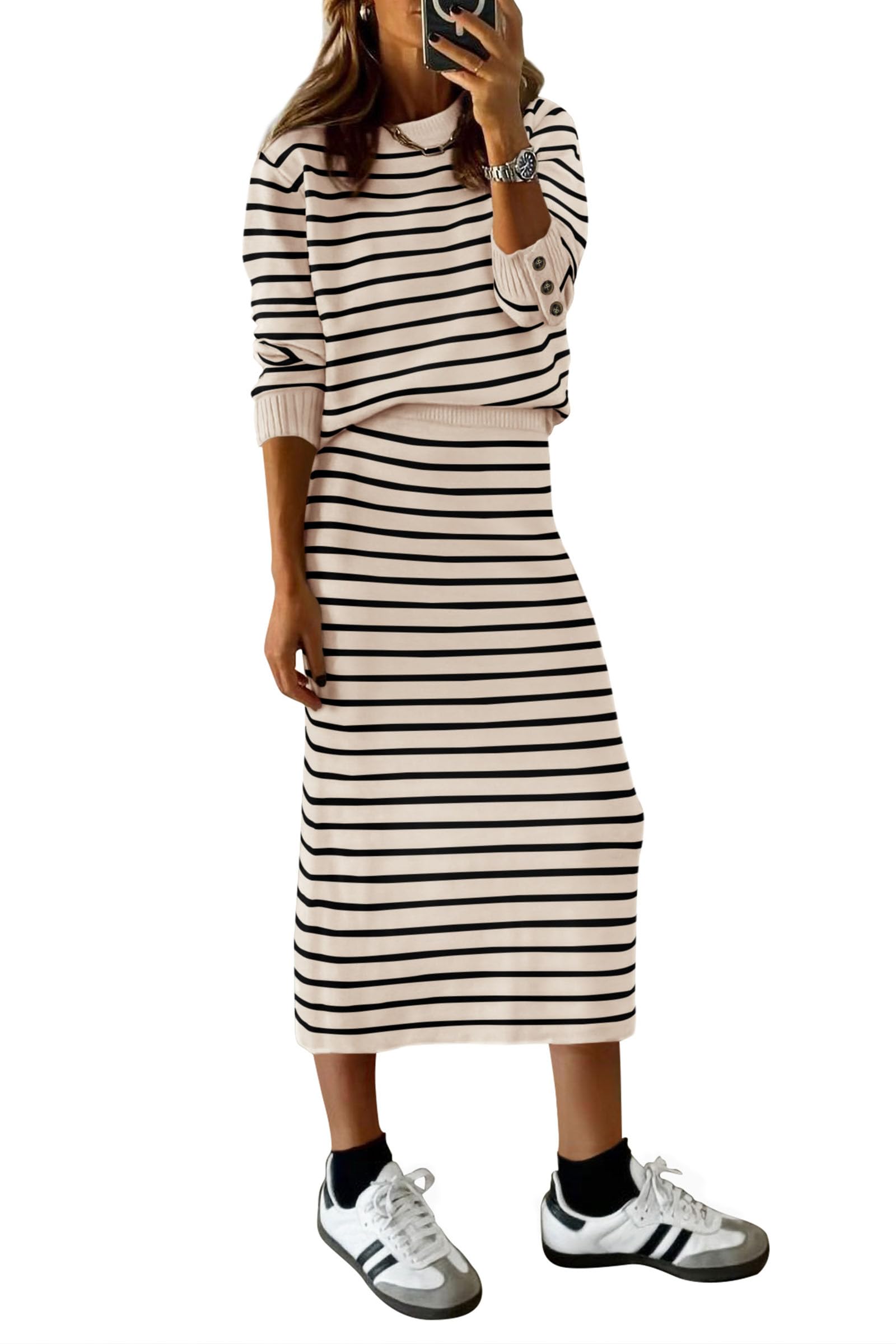 Women's 2 Piece Striped Sweater Skirt Set Fall Matching Sets