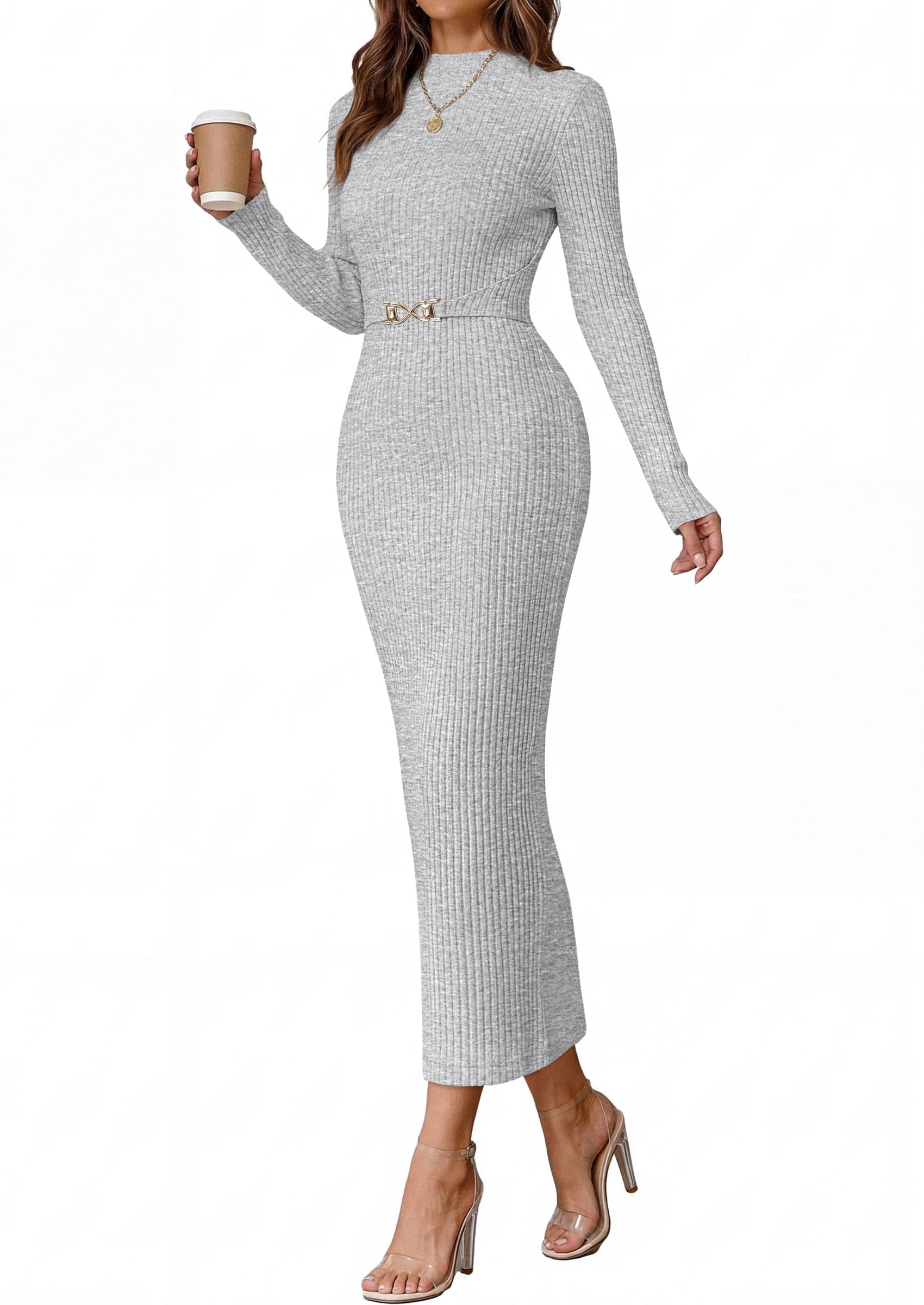 Women's Long Sleeve Bodycon Maxi Sweater Dress Grey White,XS