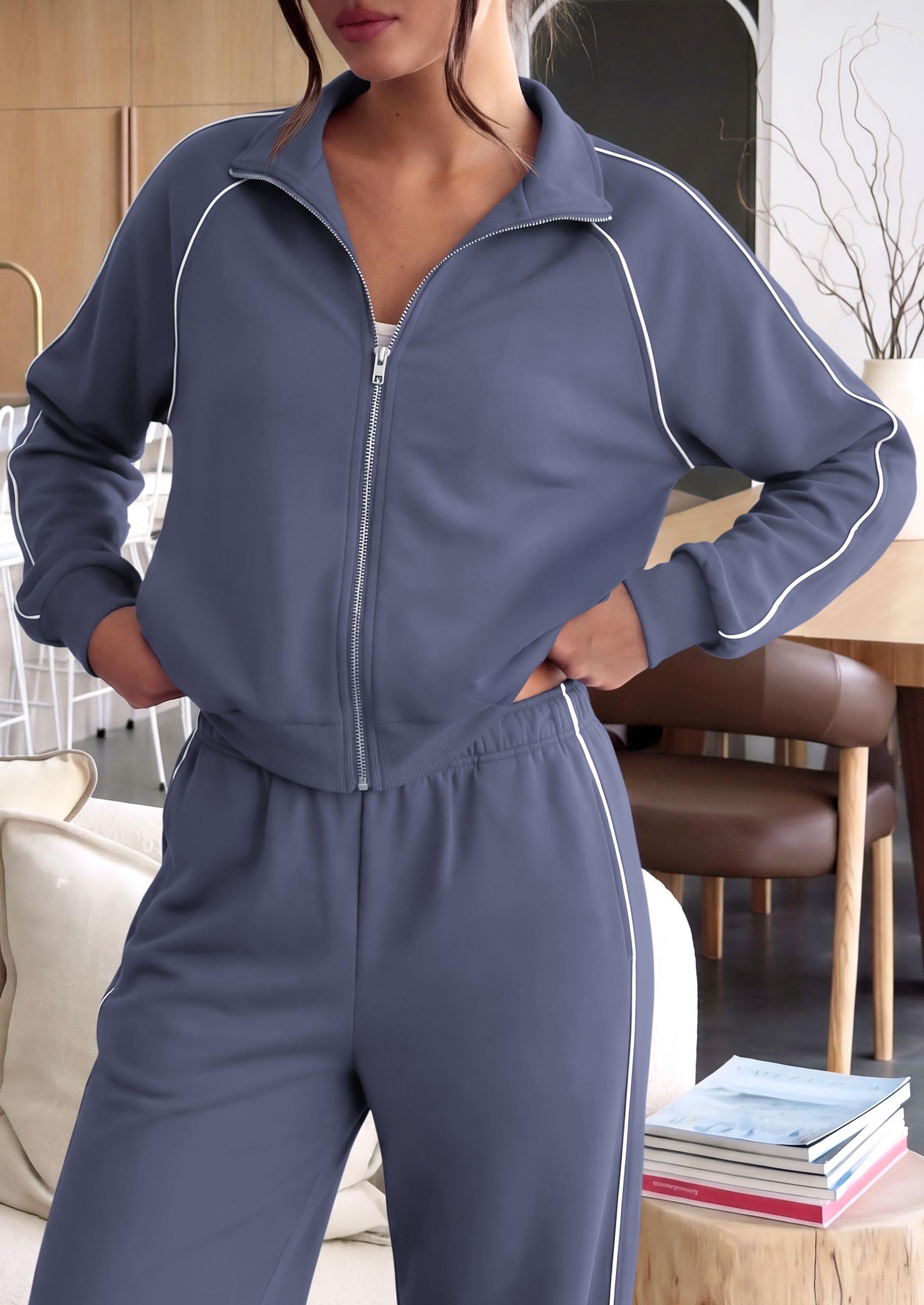 Women's 2 Piece Sweat Set Casual Fall Outfits,Grey Blue,S