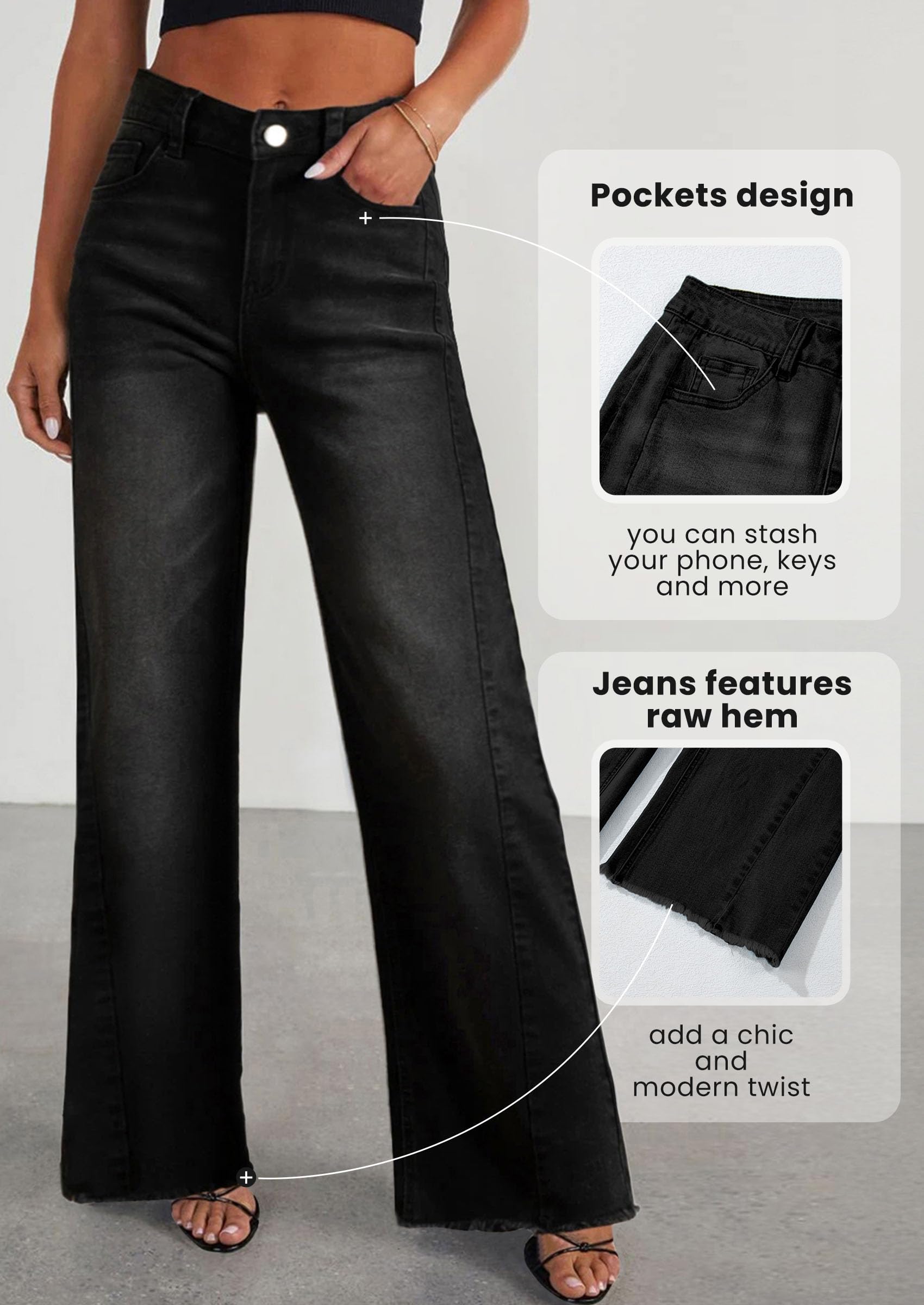 Women's Wide Leg Jeans Raw Hem Denim Pants,Black,4