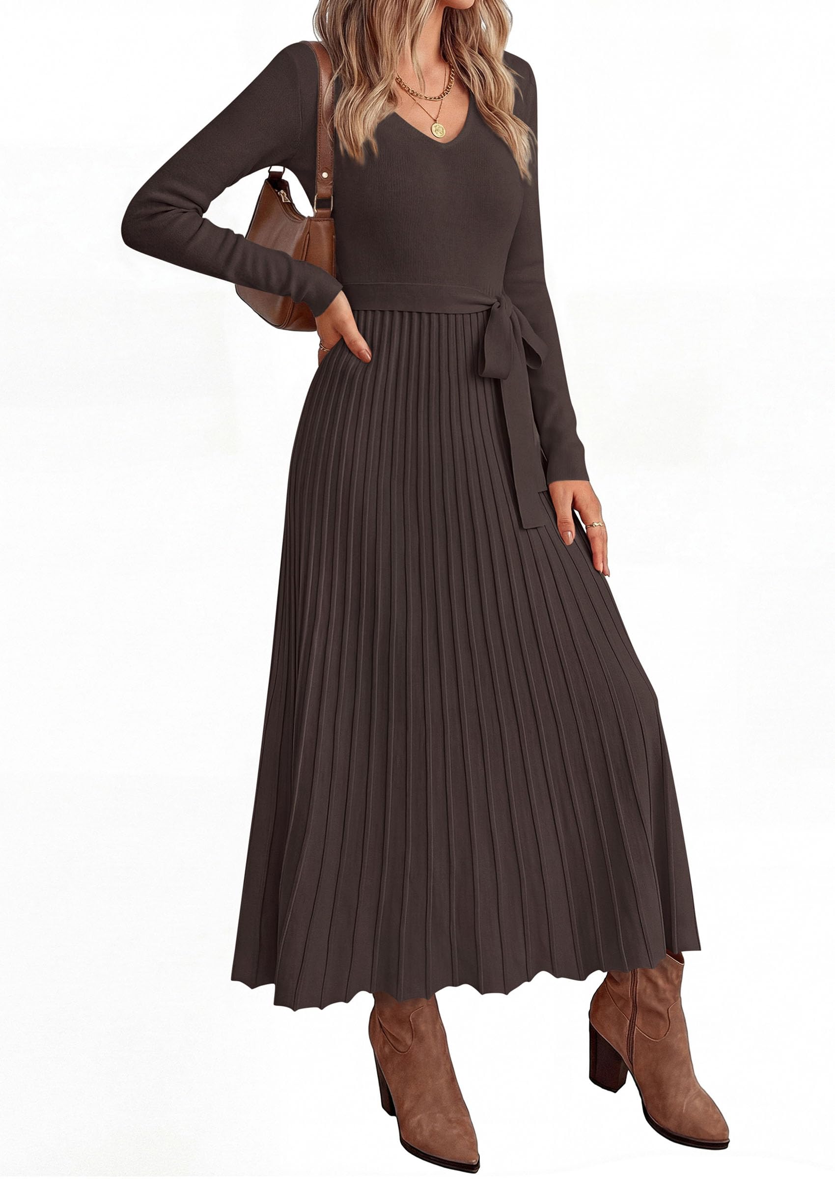 Womens Fall Maxi Long Sleeve Sweater Dress,Brown,S