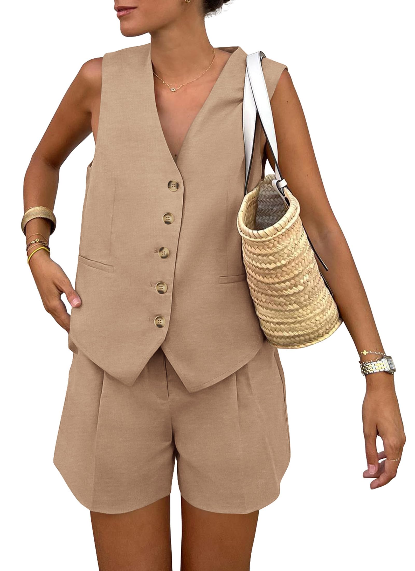 Two Piece Outfits For Women Summer Button Up V Neck Vest Waistcoat and Pockets Shorts Chic Casual Matching Sets (Khaki,X-Small)