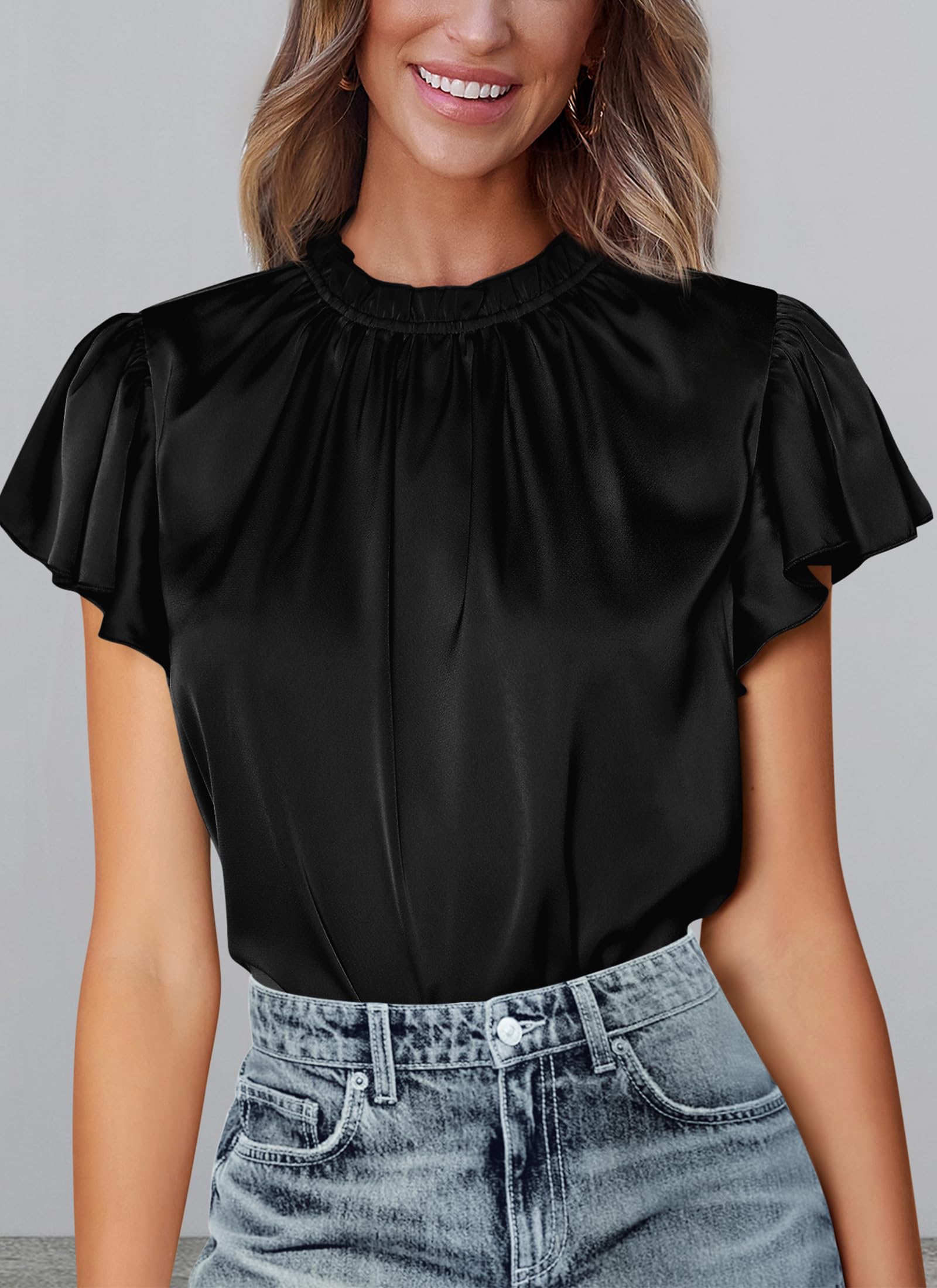 Women's Satin Tops Business Casual Work Blouses, Black,S