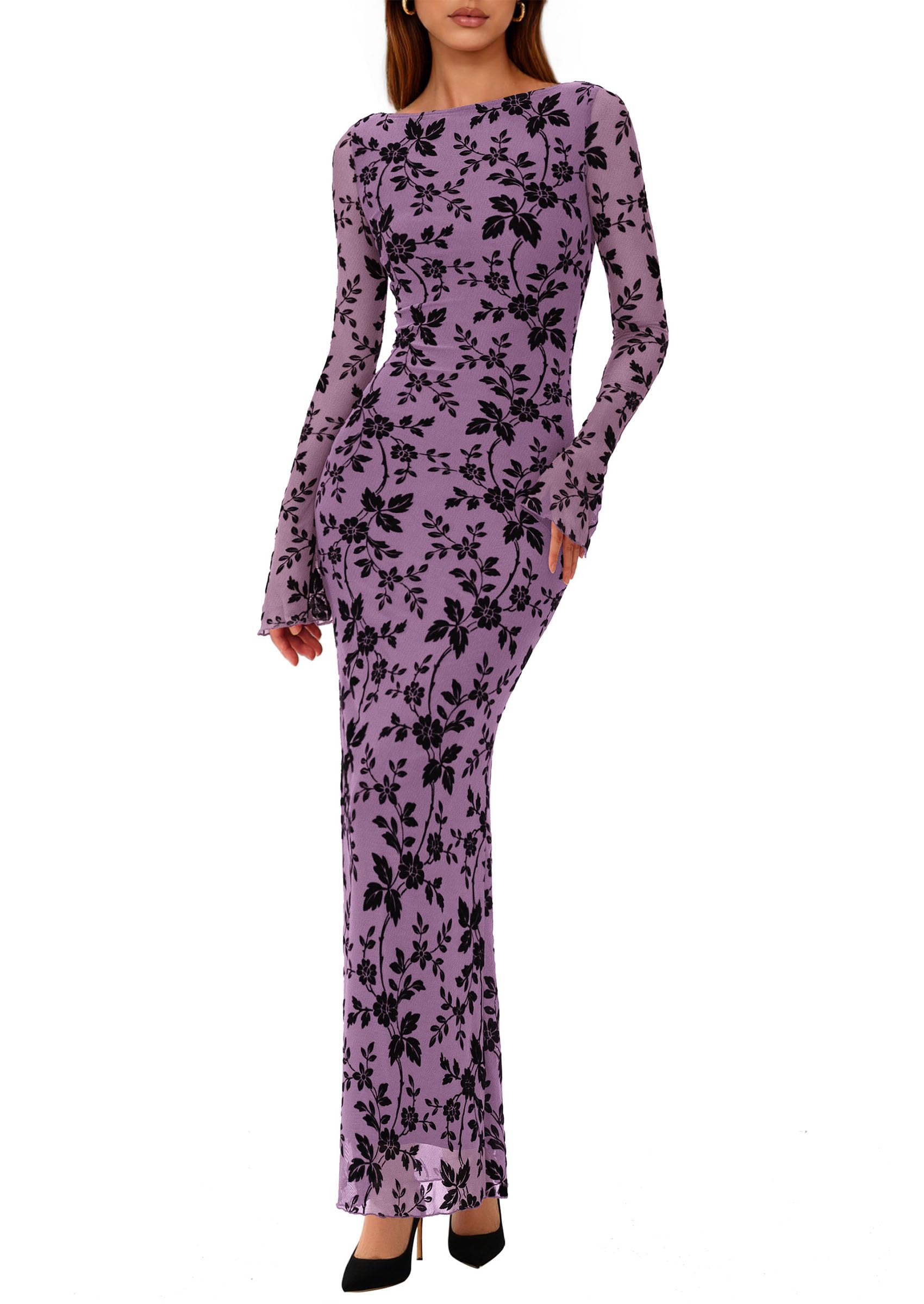 Women's Floral Bodycon Maxi Dress Wedding Guest Dresses Purple