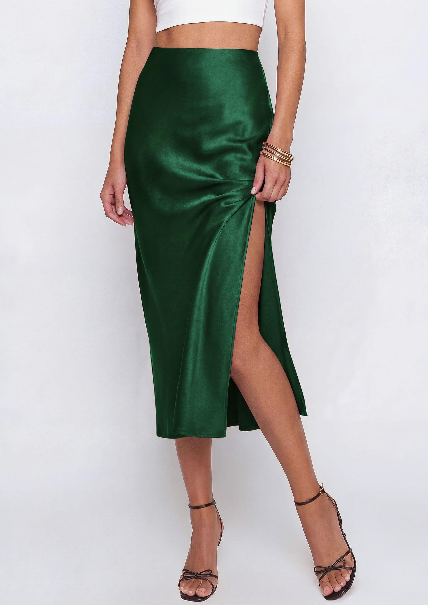 Womens Satin Skirt Silk Slip Midi Work Skirts, Dark Green, S