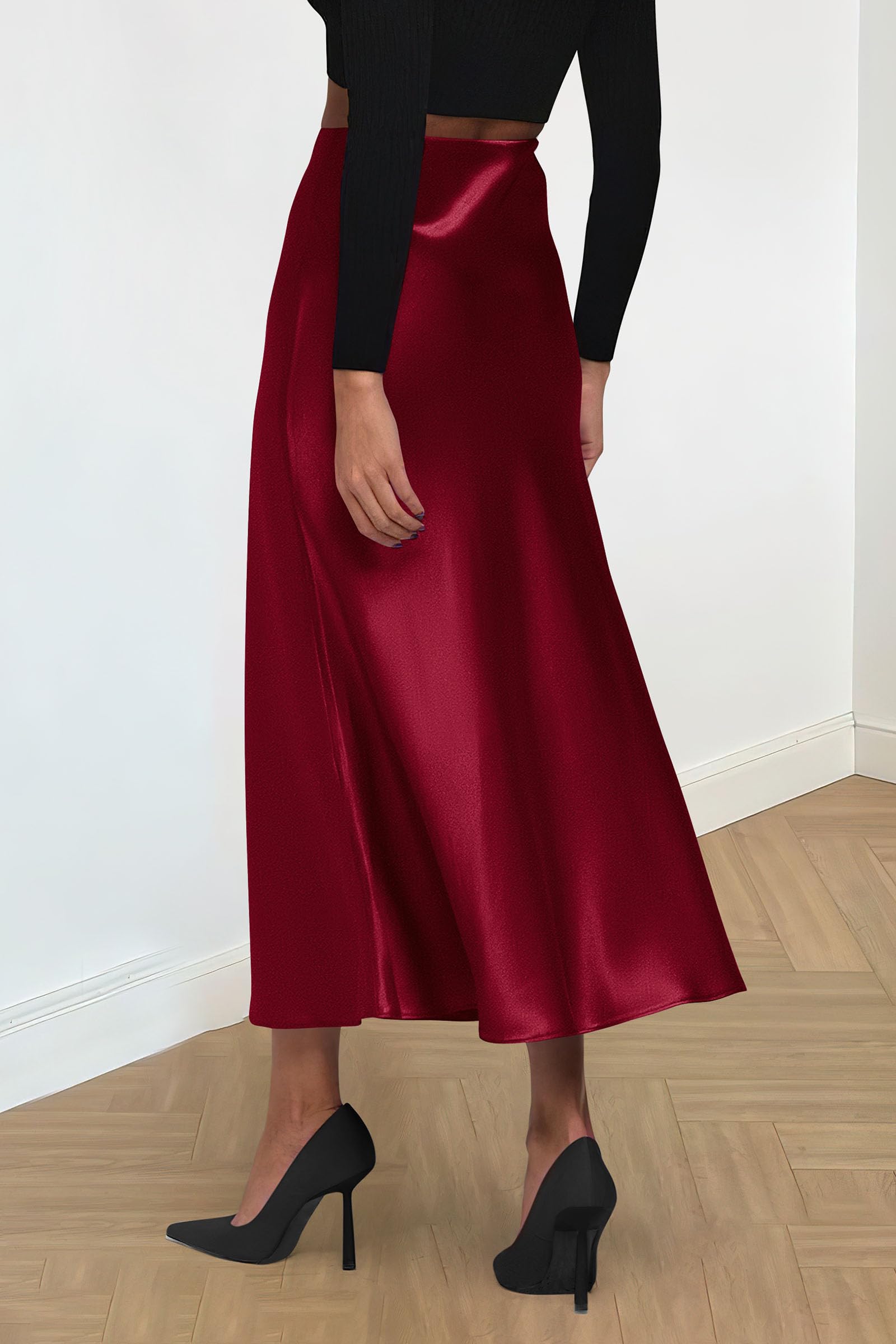 Women's Satin Midi Skirts Dressy Casual,Wine Red,S