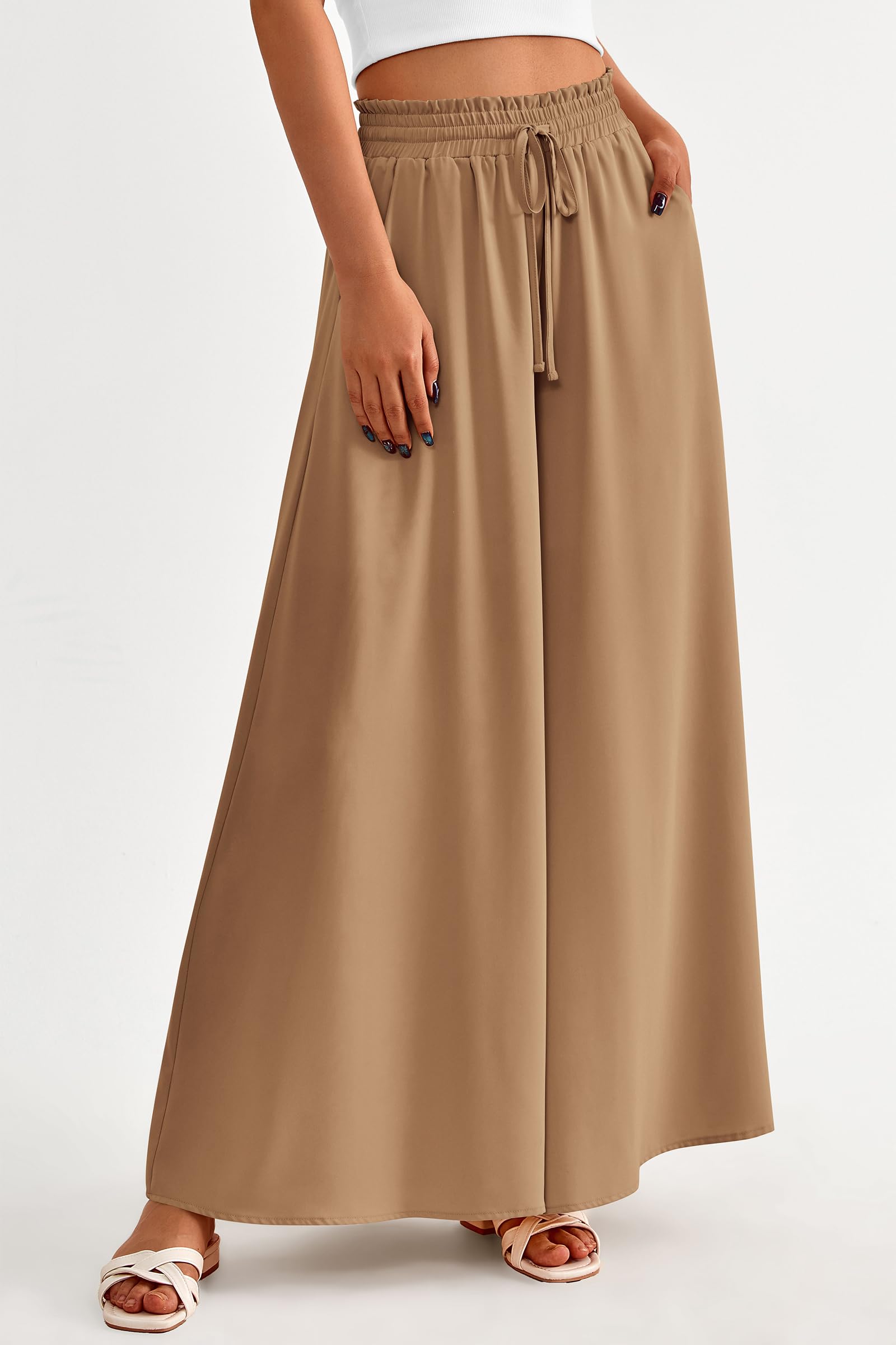 Summer Wide Leg Palazzo Pants for Women Casual,Khaki,S