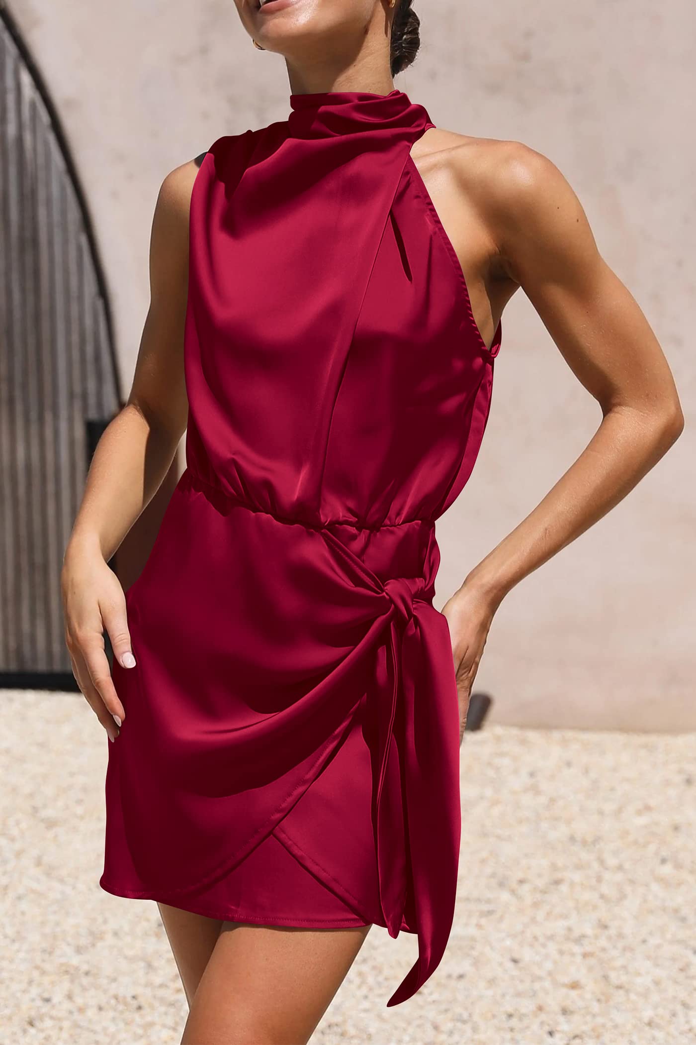Women's Short Formal Satin Dress Summer Sleeveless Mock Neck Tie Waist Cocktail Party Dresses (Deep Red,Small)