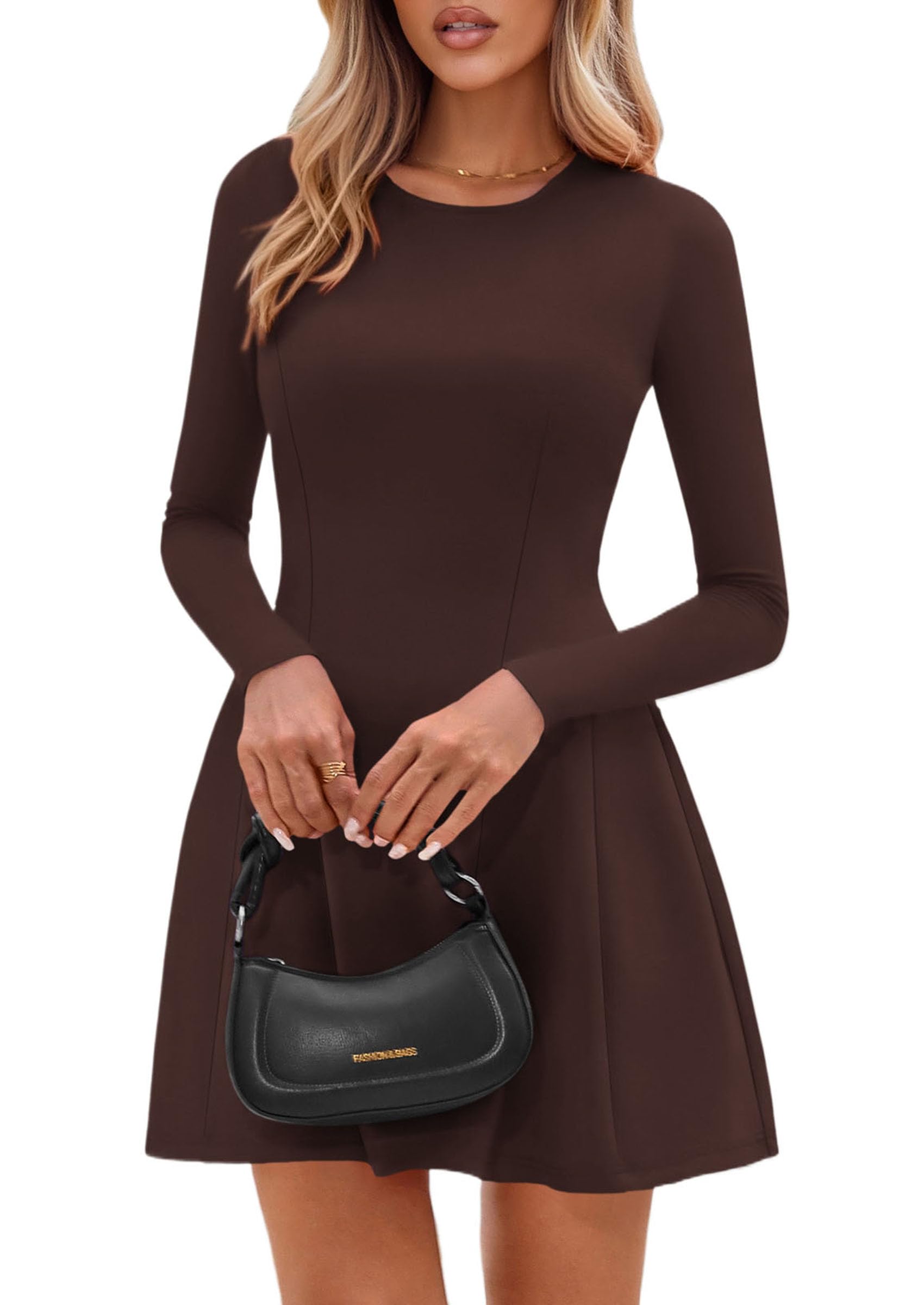 Womens Long Sleeve Pleated Mini Dress,Brown,XS