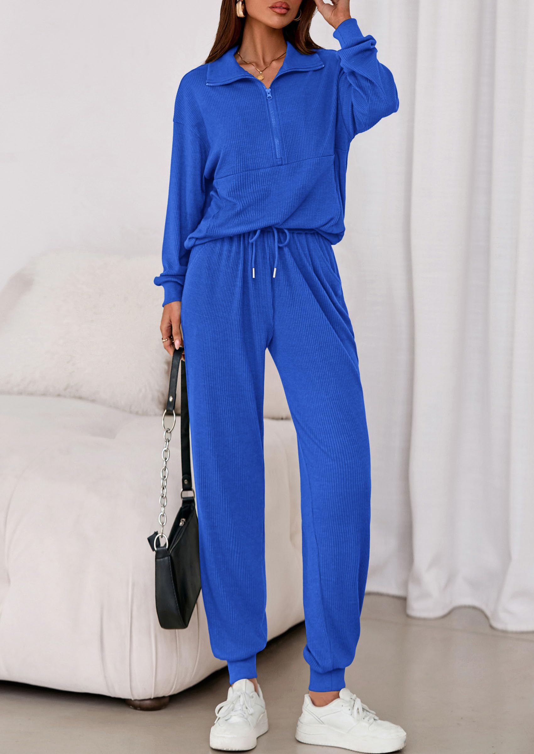 Airport Travel Outfit Women Ribbed Knit Matching Lounge Sets