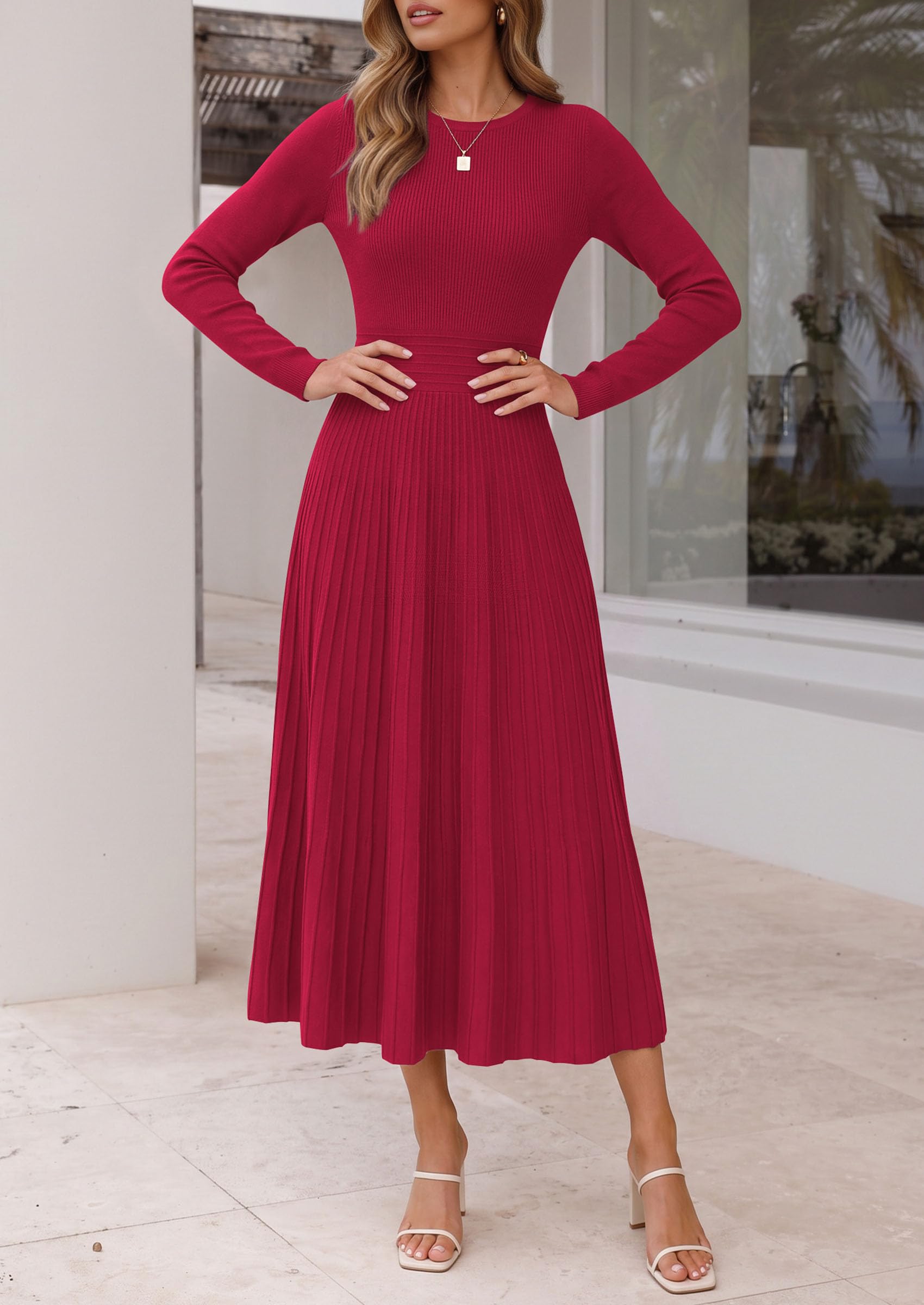 Women's Long Sleeve Knit Maxi Sweater Dress,Red,S