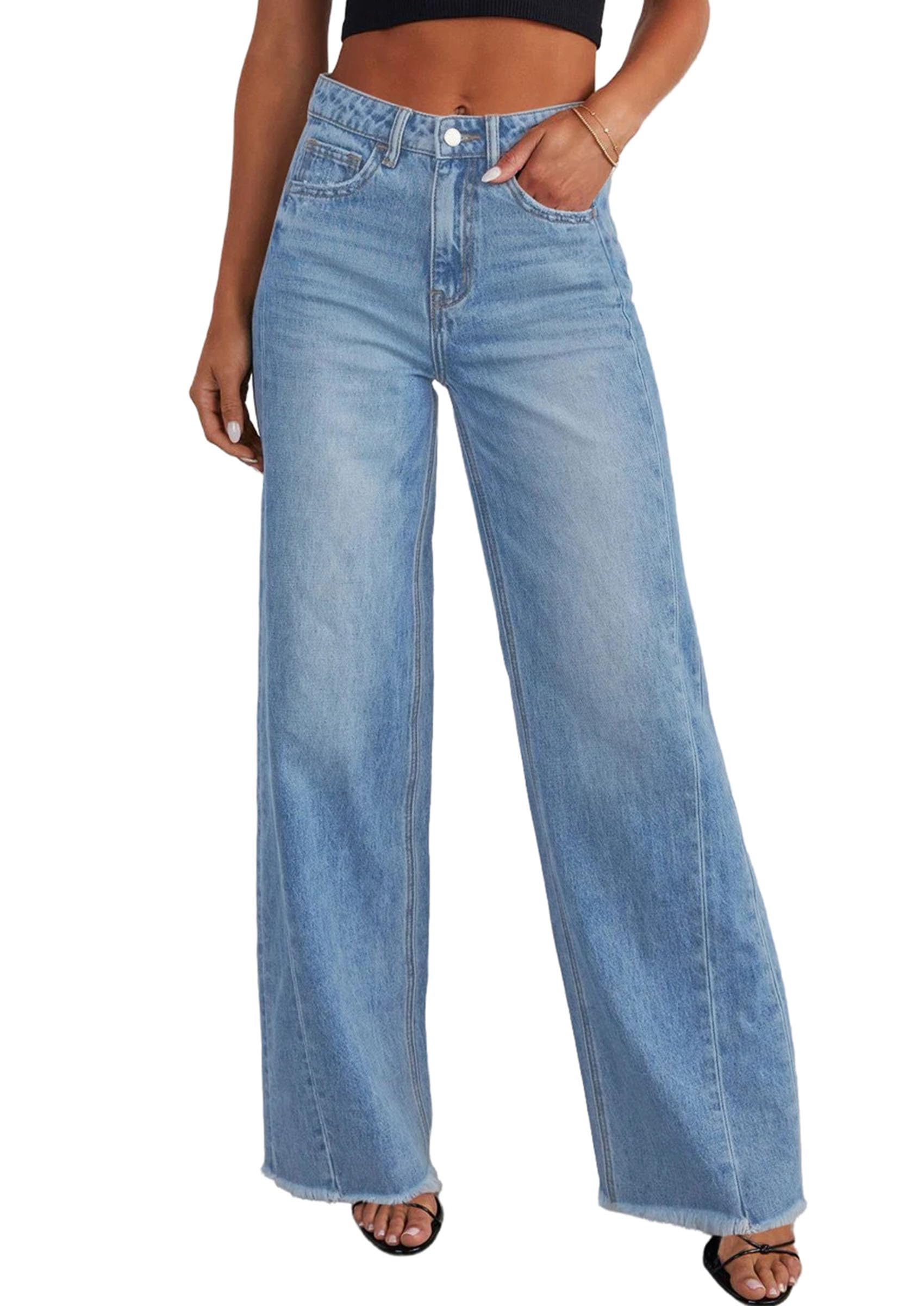 Women's Wide Leg Jeans Raw Hem Denim Pants,Light Blue,16