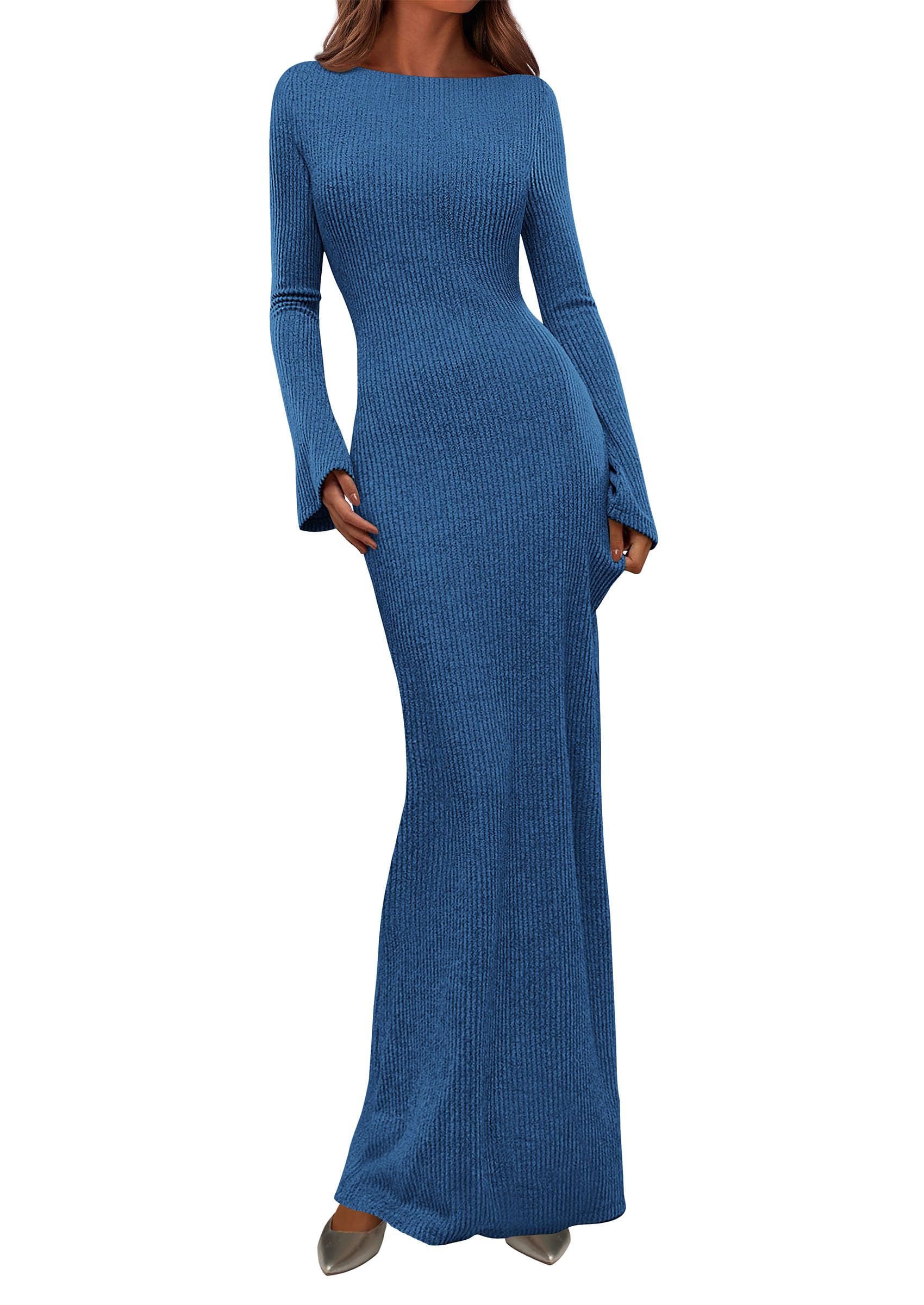 Women's Fall Long Sleeve Bodycon Maxi Dresses (Blue,XS)