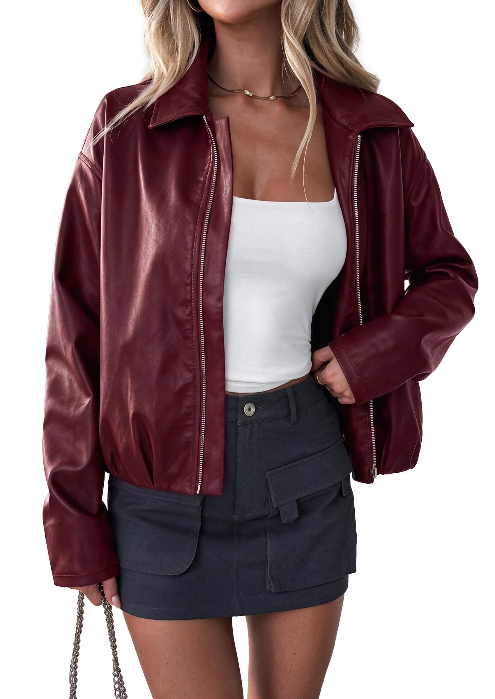 Womens Faux Leather Motorcycle Jackets Fall Cropped Coats