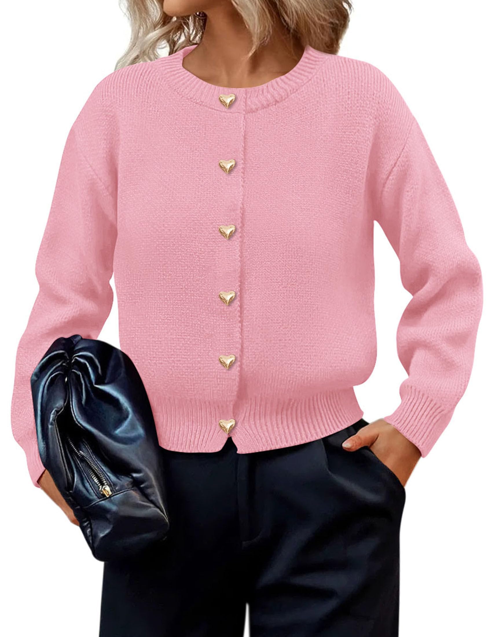 Women's Long Sleeve Button Up Cardigan,Pink,L