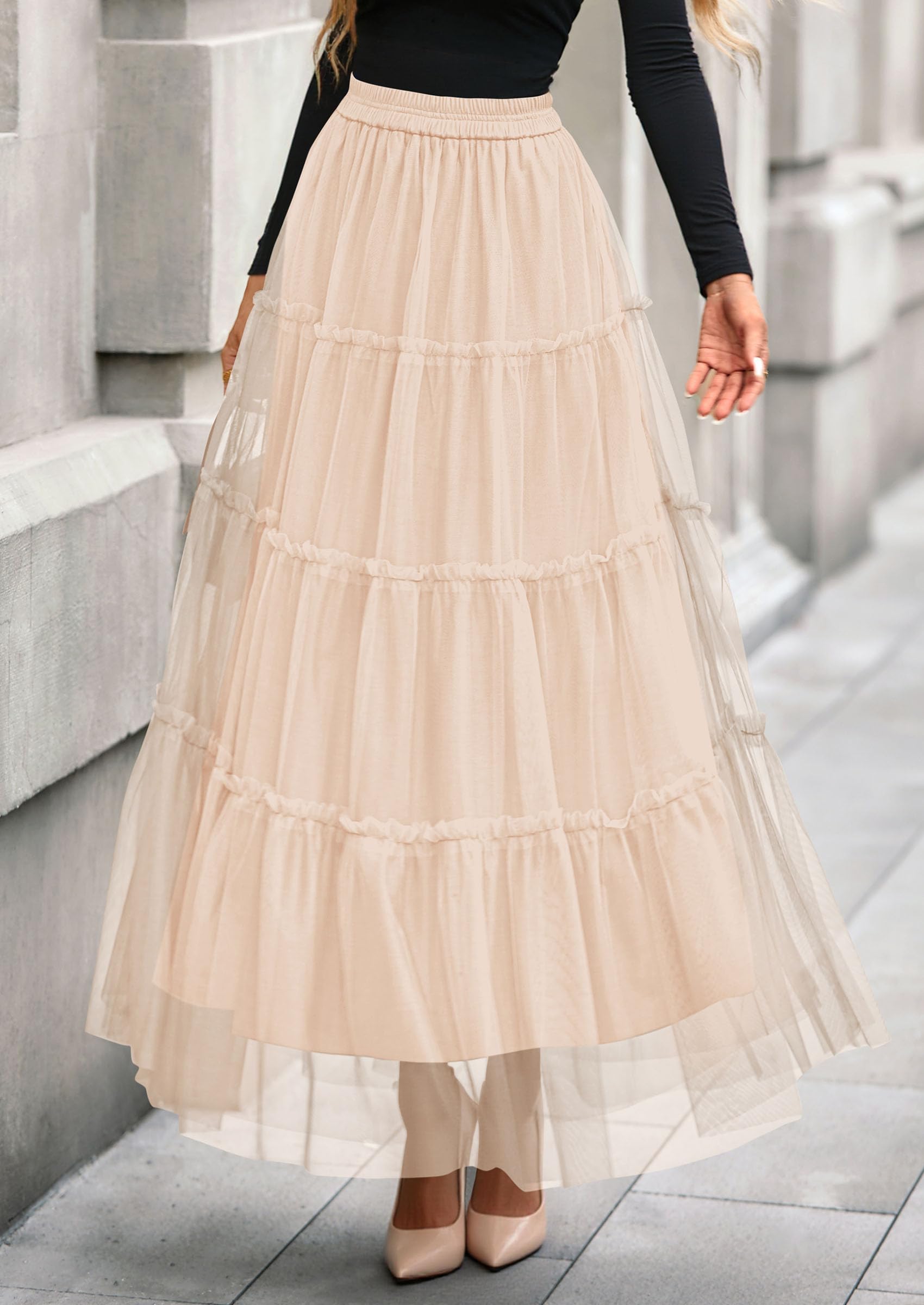 Women's Fall Soft Tulle Tiered Long Skirt,Beige,S