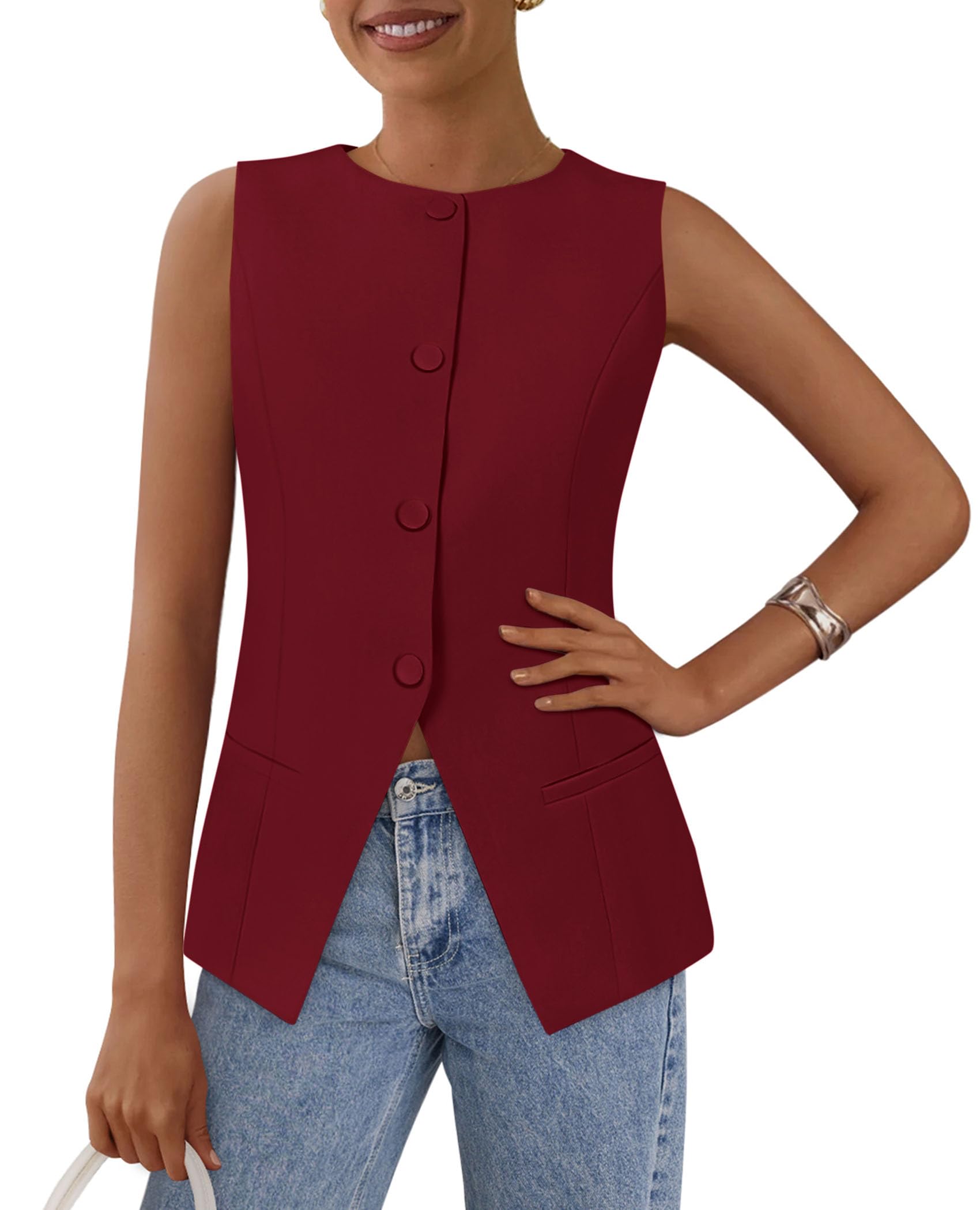 Women Tailored Suit Vest Business Casual Tops, Red,S