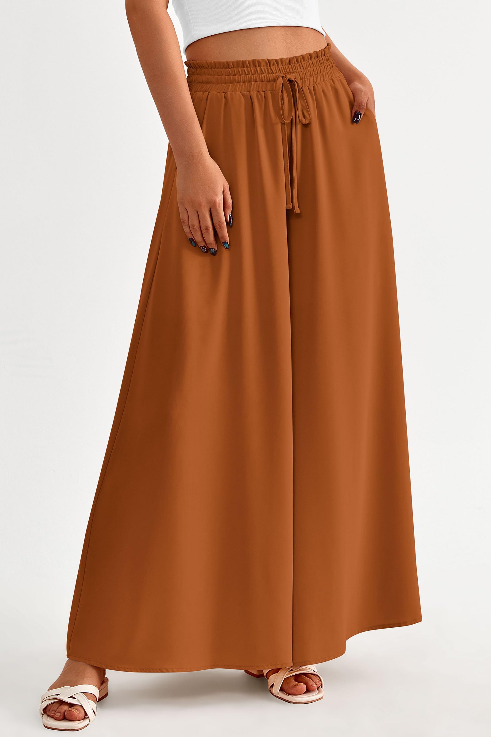 Summer Wide Leg Palazzo Pants for Women Casual,Brown,S