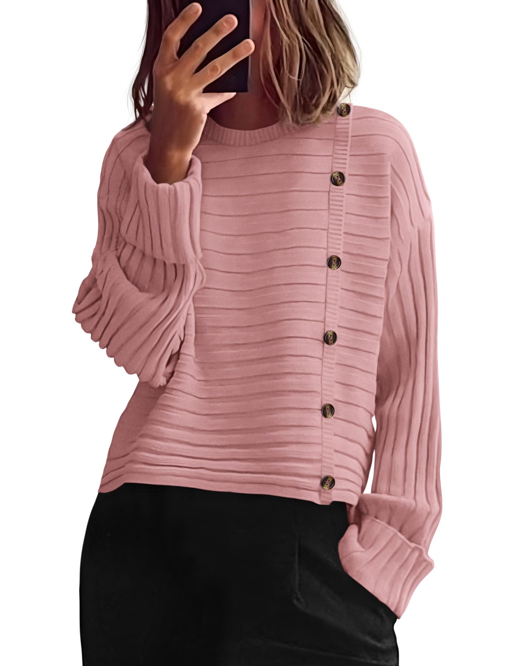 Womens Asymmetric Button Long Sleeve Sweater,Pink,M