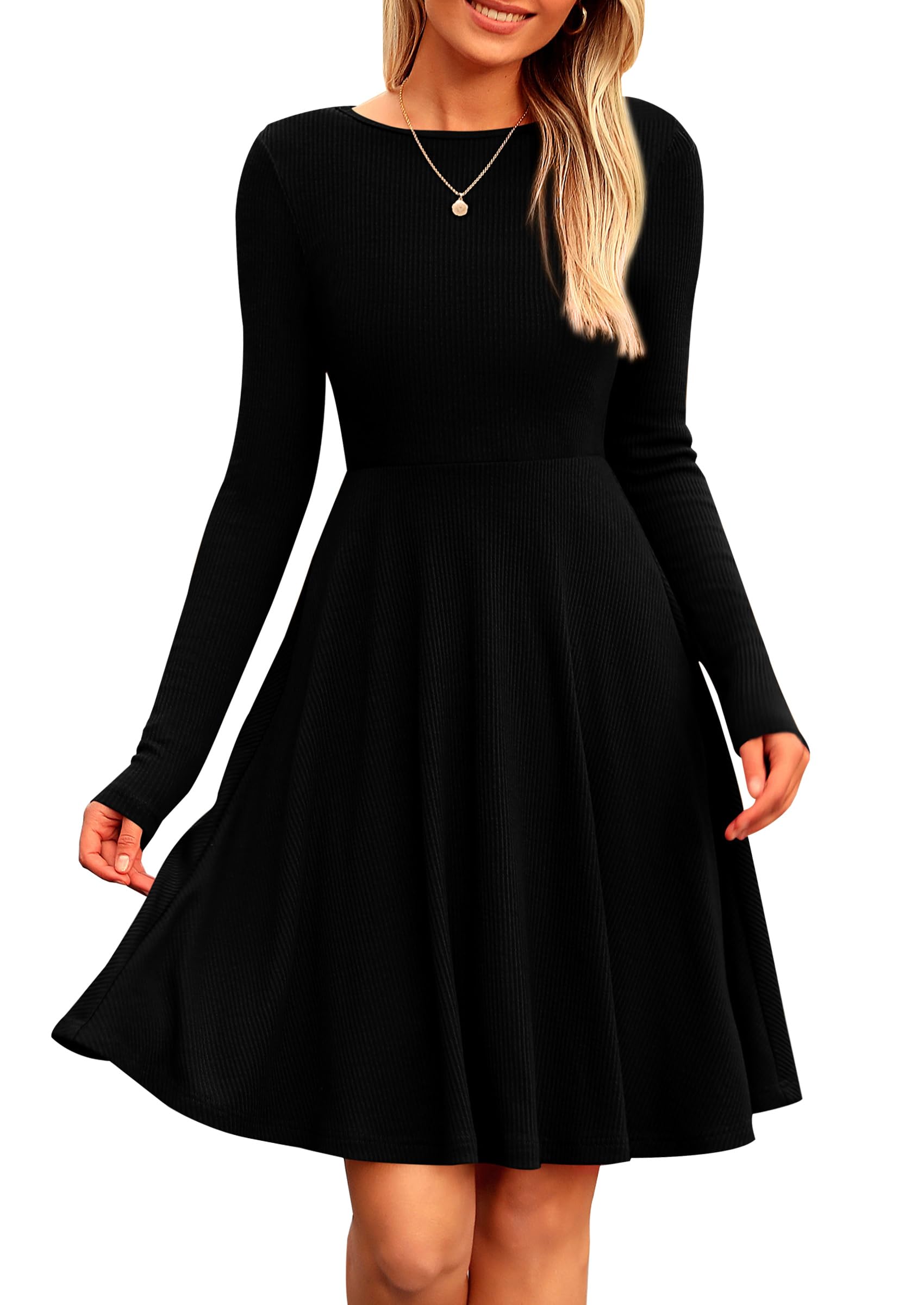 Women's Fall Casual Long Sleeve Short Dress (Black,S)