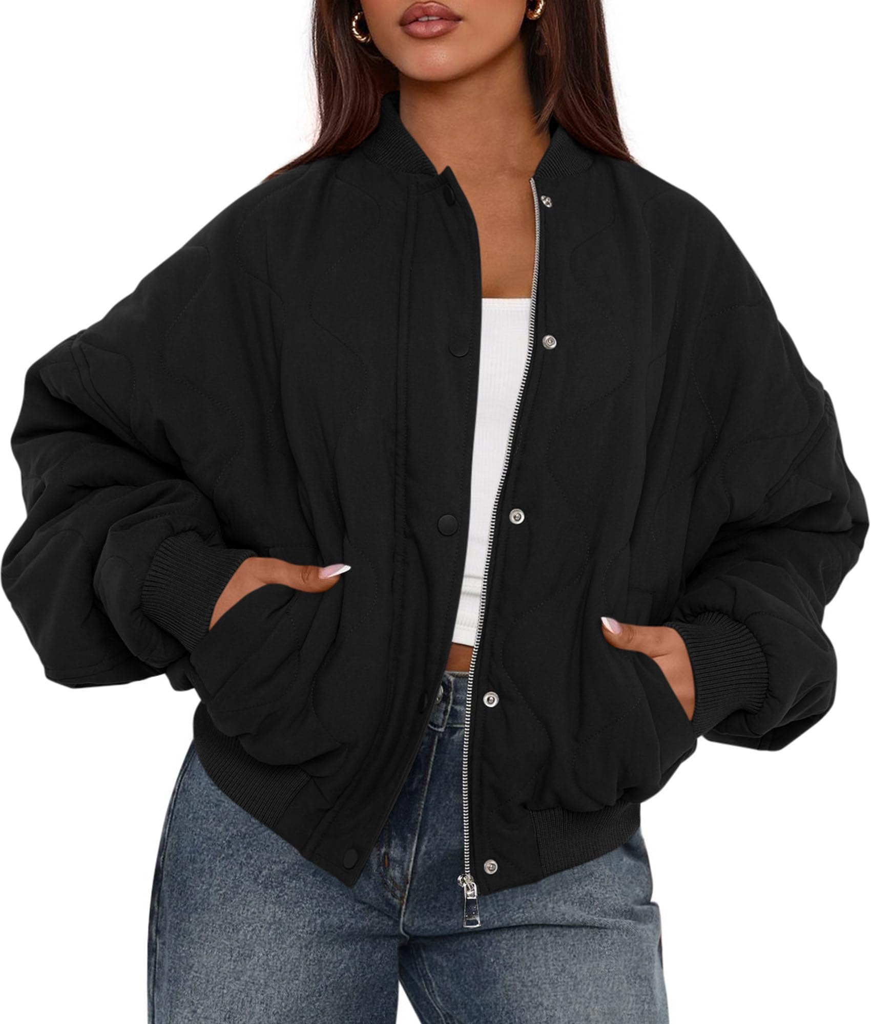 Women's Quilted Bomber Jacket Fall Fashion 2026 Lightweight Cropped Zip up Outerwear Winter Puffer Coats Pockets (Black,Small)