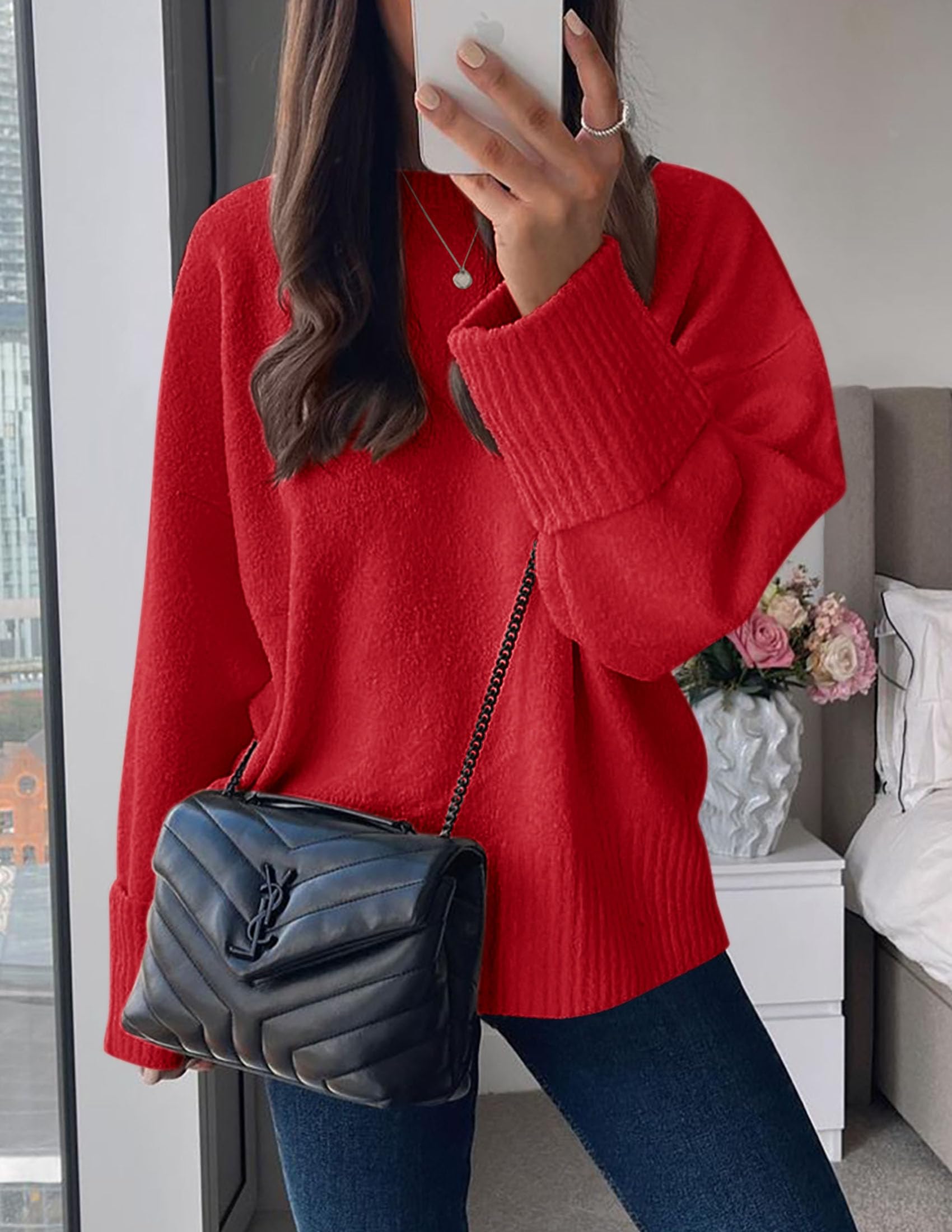 Women's Fall Fashion Cozy Oversized Sweaters(Bright Red,XS)