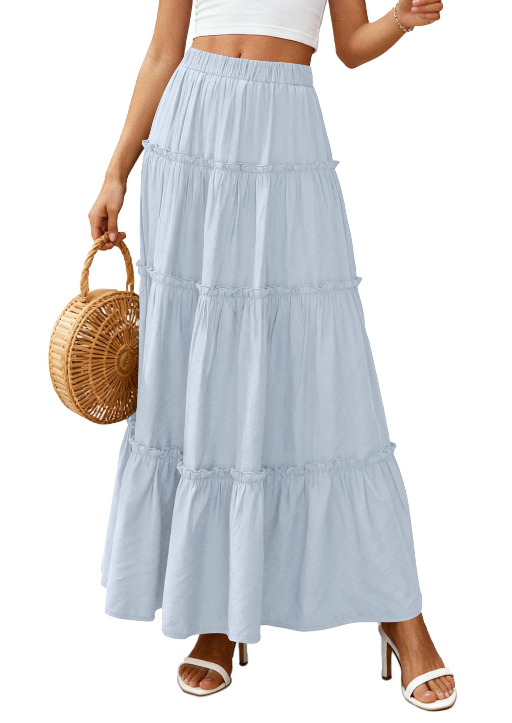 Women's Boho Tiered Ruffle Flowy Maxi Skirt, Light Blue,S