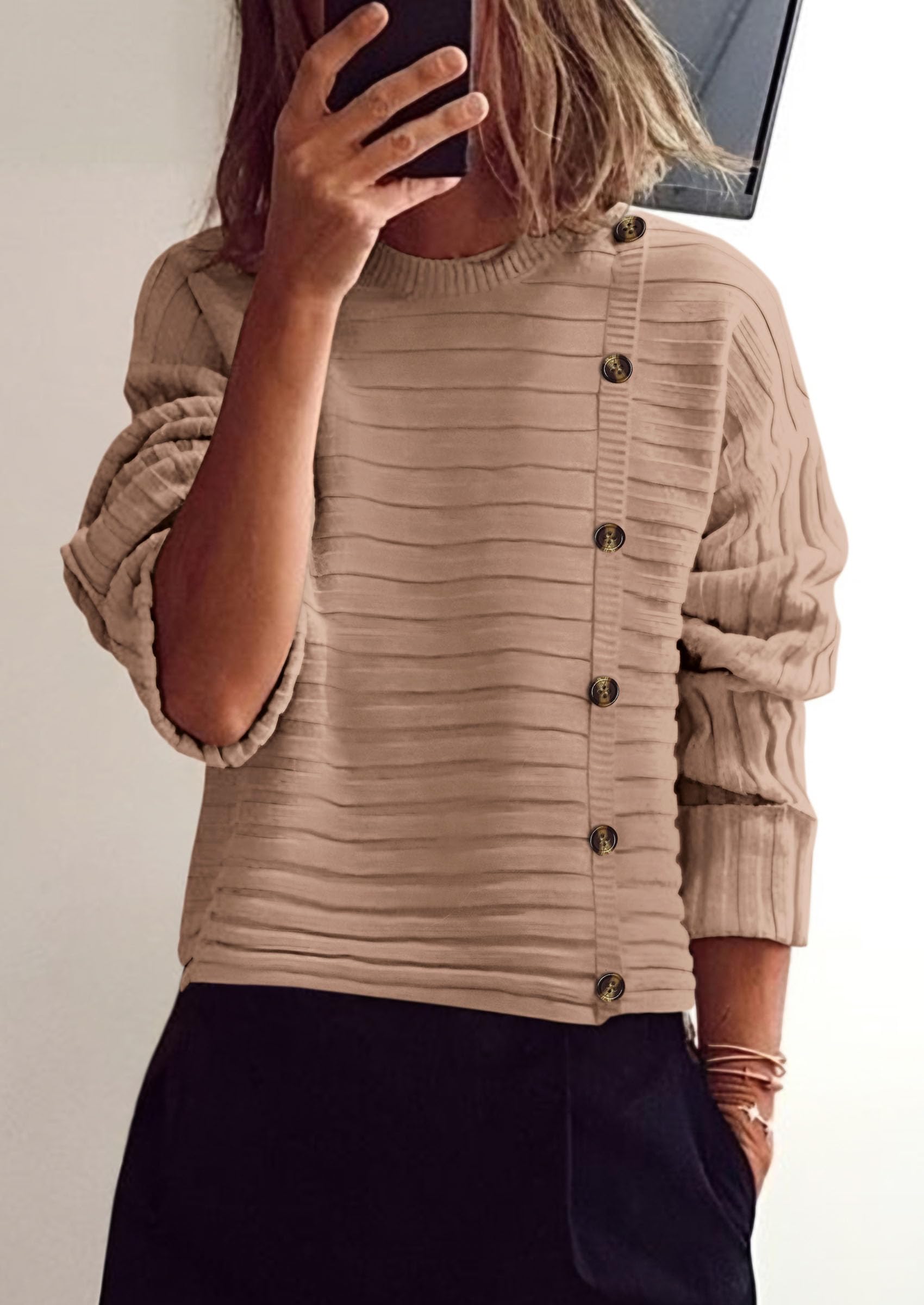 Womens Asymmetric Button Long Sleeve Sweater,Khaki,S