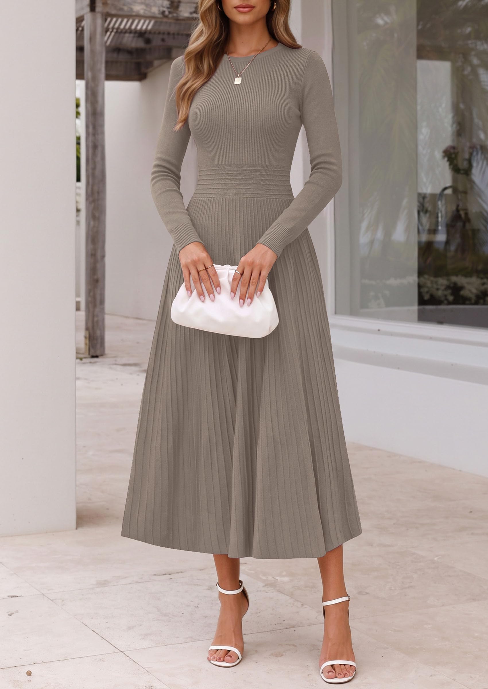 Women's Long Sleeve Knit Maxi Sweater Dress,Grey Khaki,S