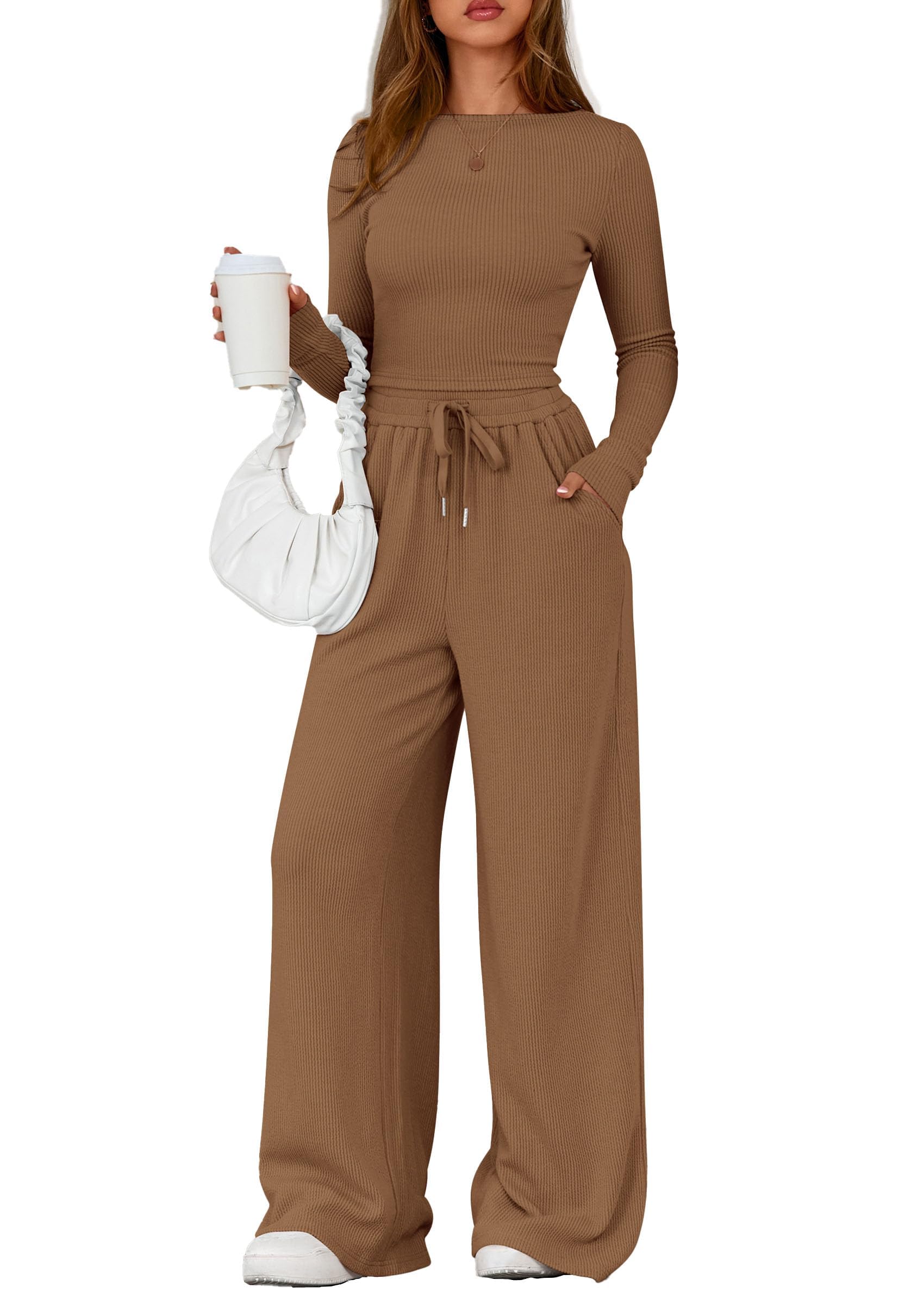 Matching Sets Women Clothing 2 Piece Lounge Set,Dark Khaki,S
