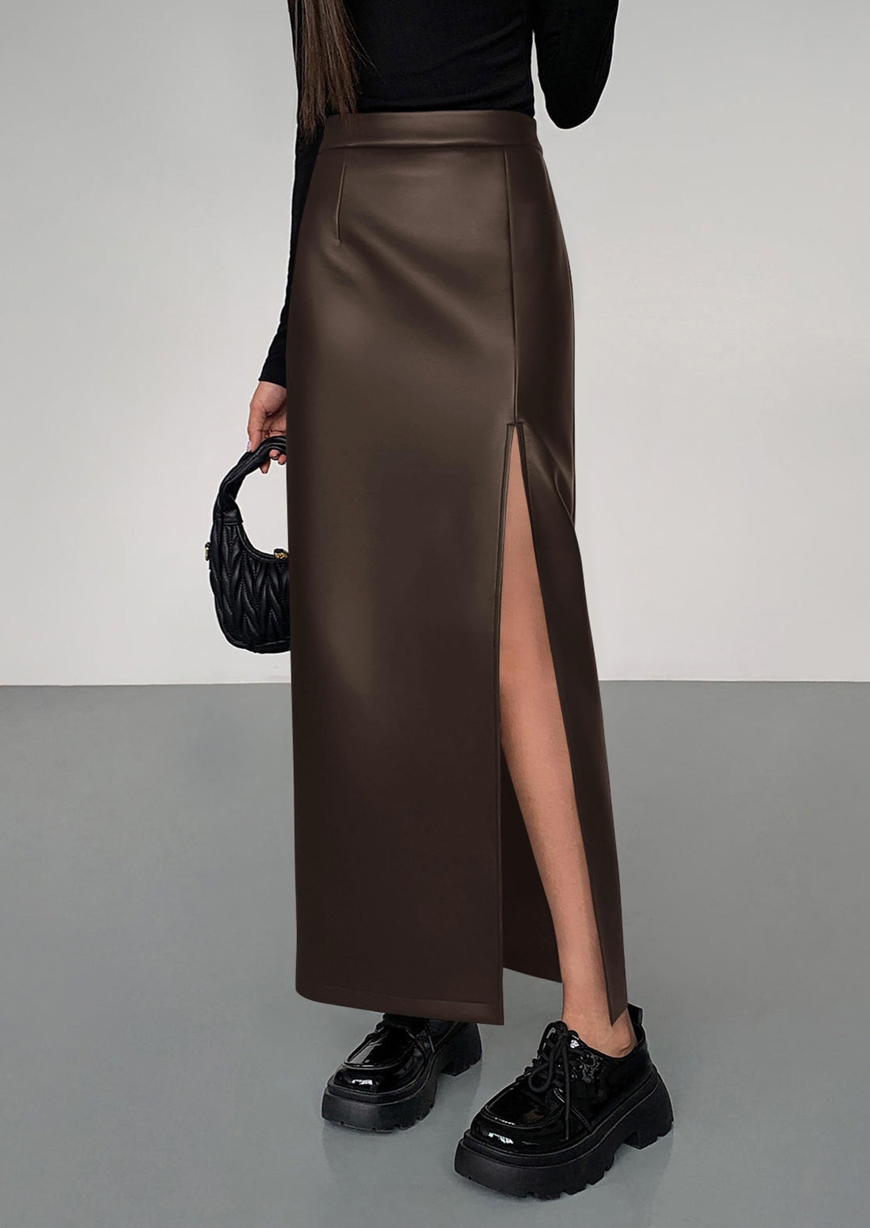 Women's Faux Leather Long Pencil Skirt,Brown,XS