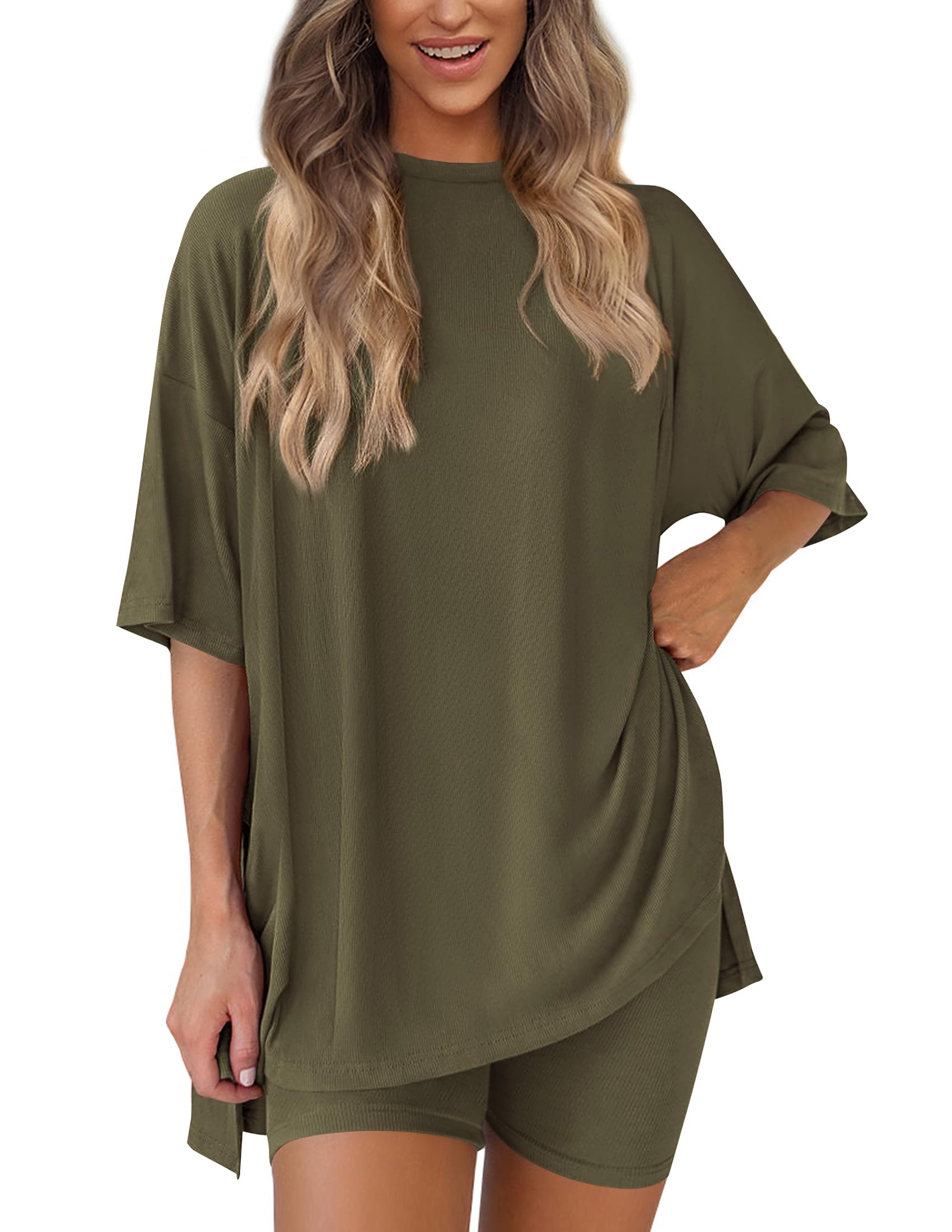 Women 2 Piece Lounge Set Airport Travel Outfit, Army Green,S
