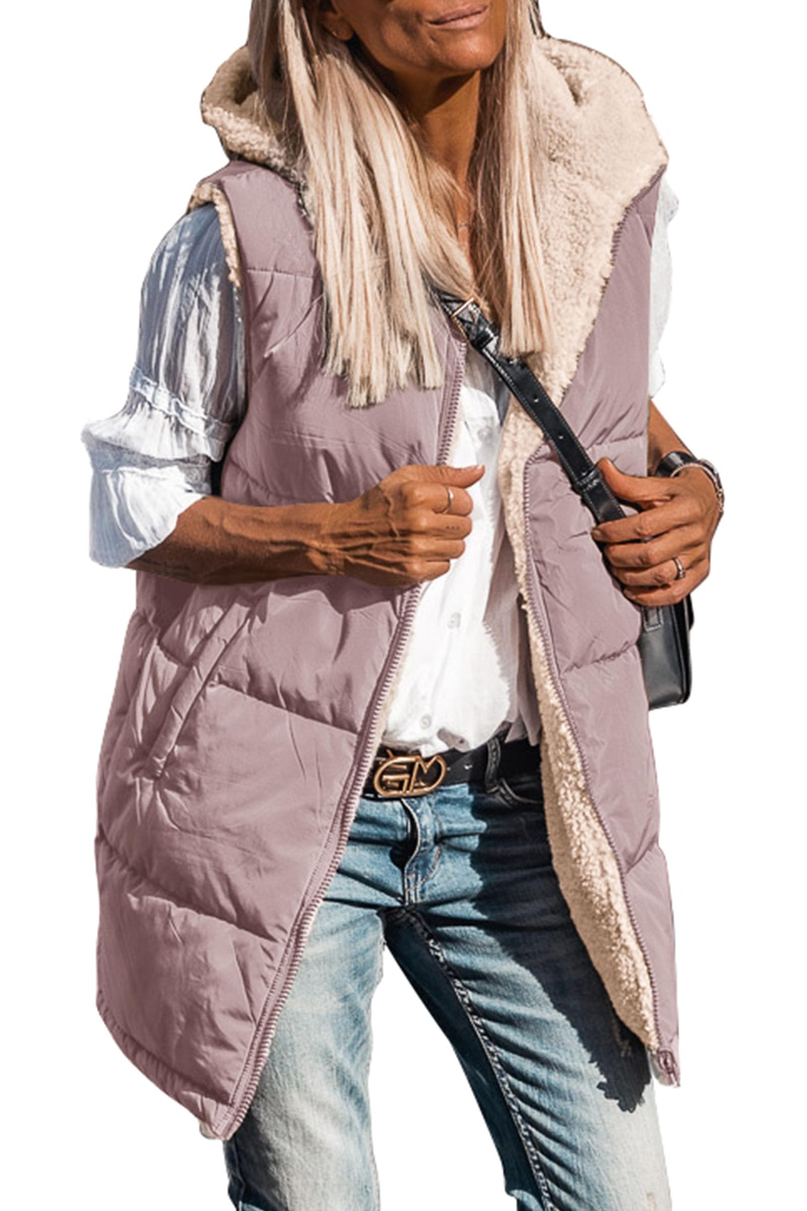 Women's Winter Reversible Fleece Long Vests Bean Paste Pink,S