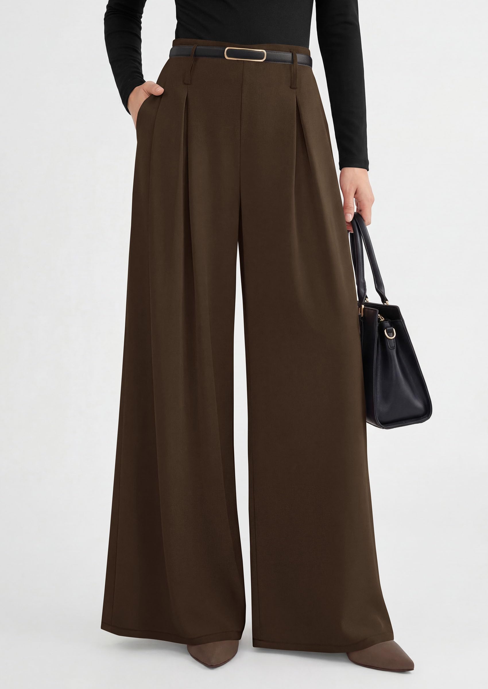 Womens Wide Leg Dress Pants Flowy Trousers,Brown,S