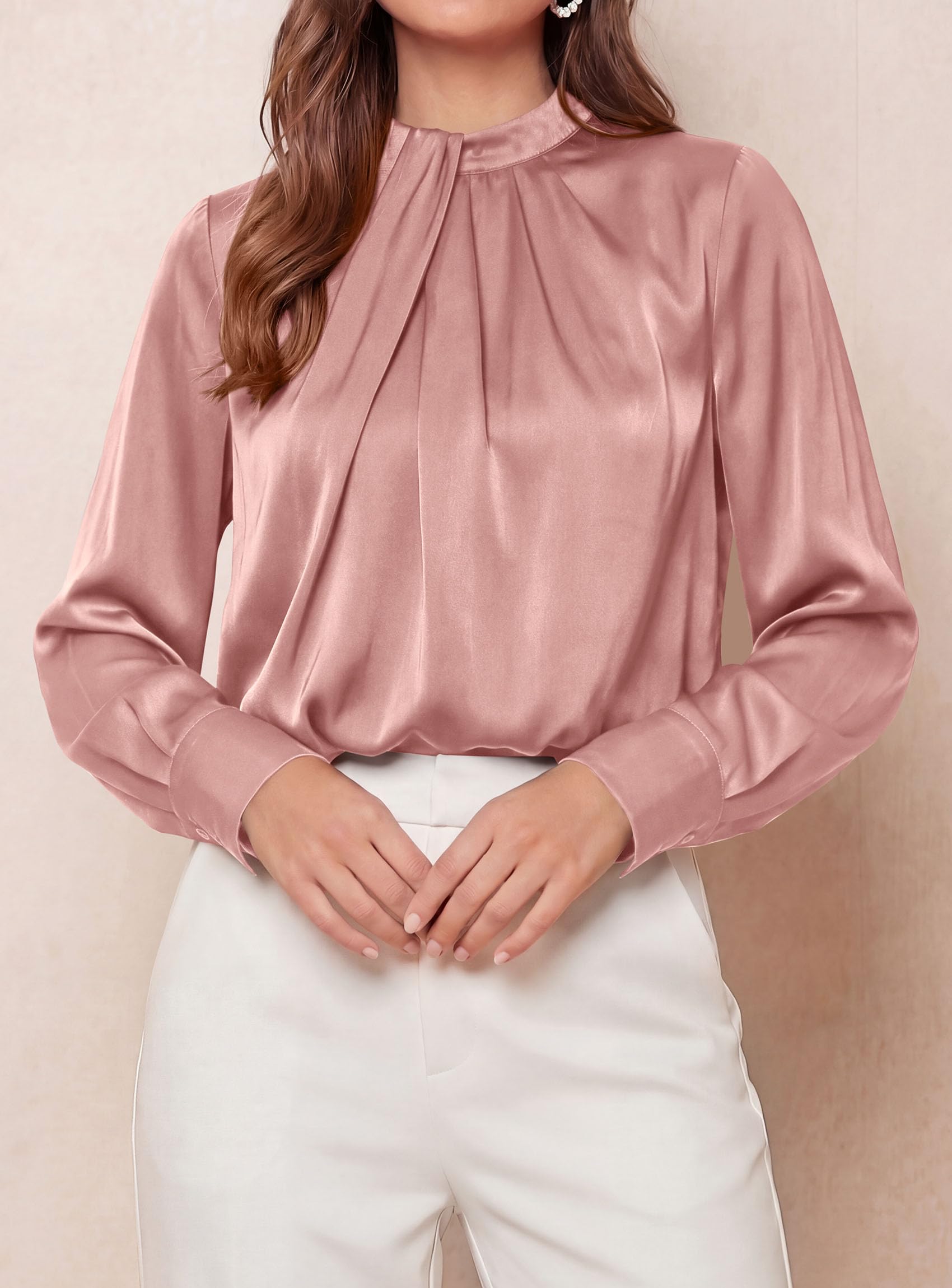 Satin Blouses for Women Dressy Casual Long Sleeve Shirts Pink