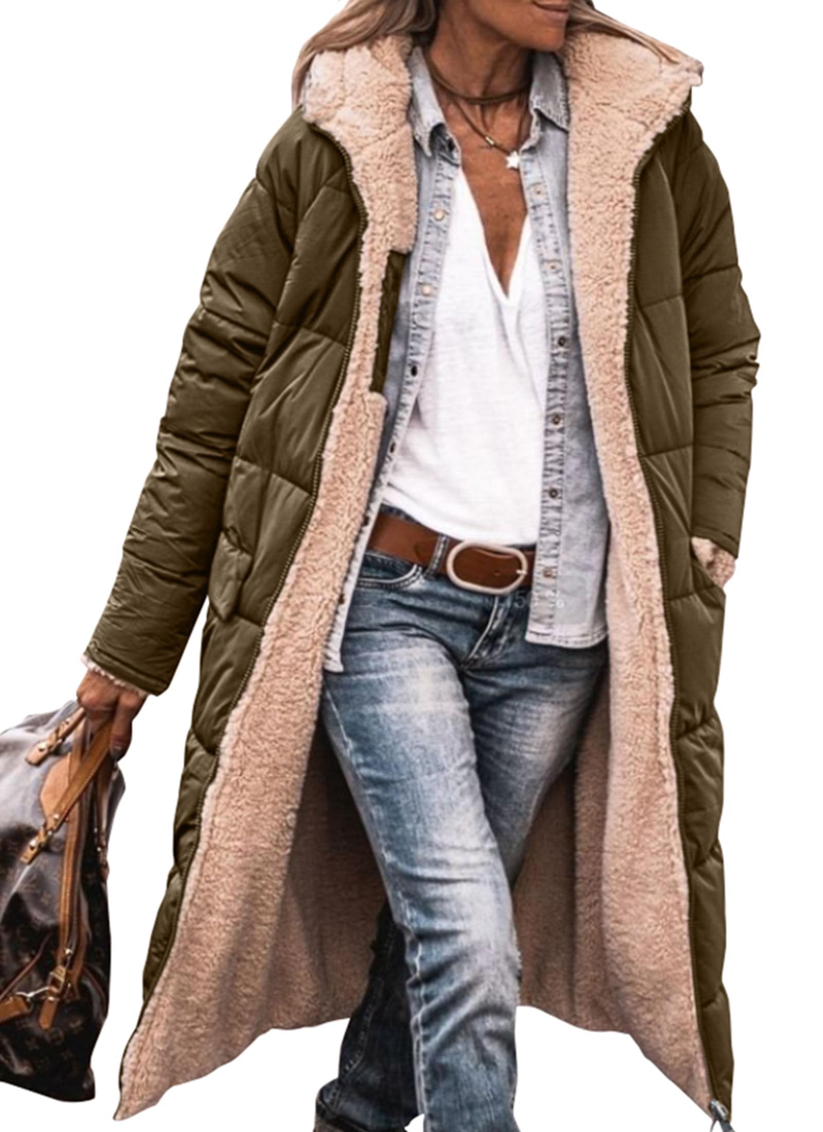Women's Winter Fleece Warm Long Coats(Light Army Green,Medium)