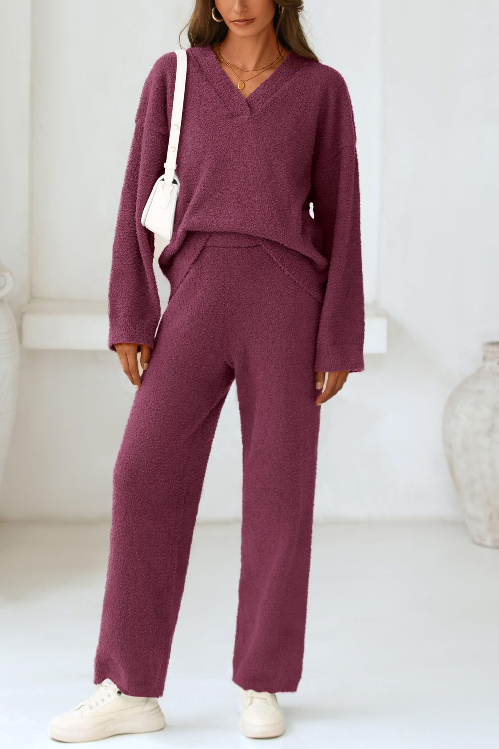 Lounge Sets for Women Fall 2 Piece Fuzzy Sweater Pajama Set