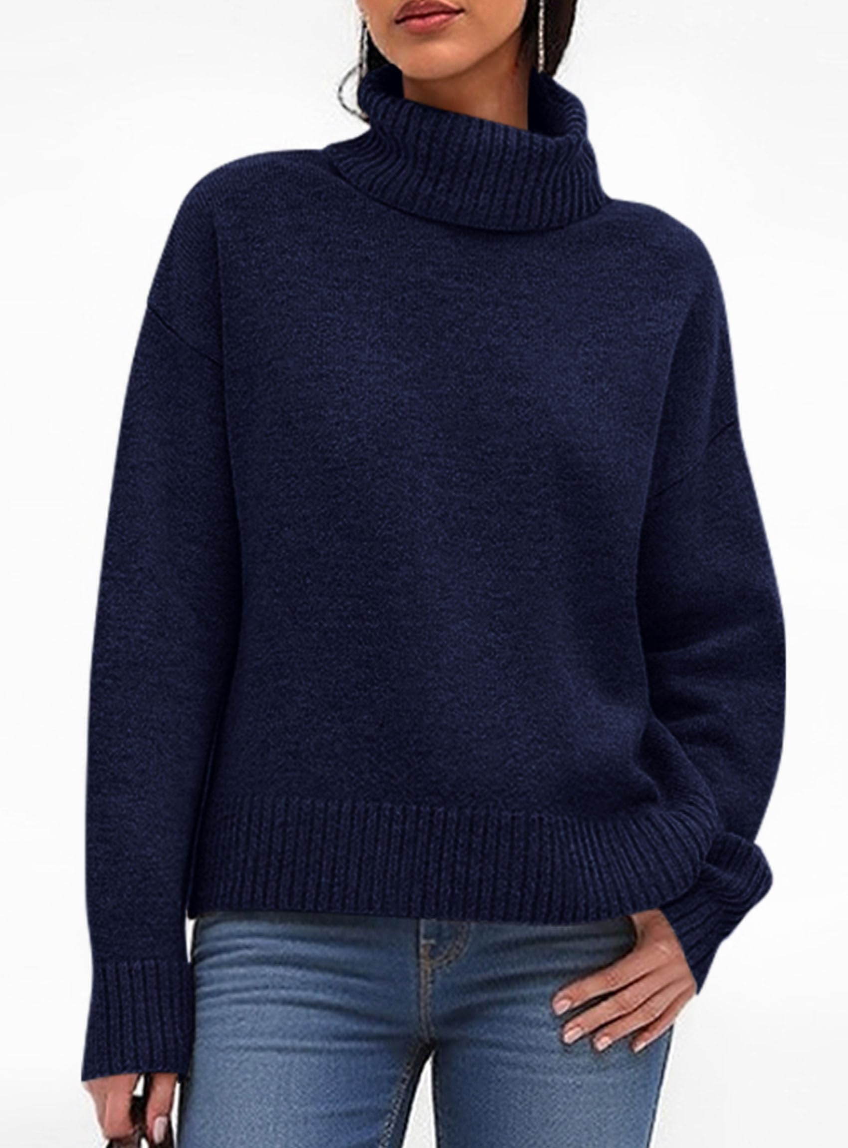 Womens Turtleneck Long Sleeve Knit Sweater,Navy Blue,S