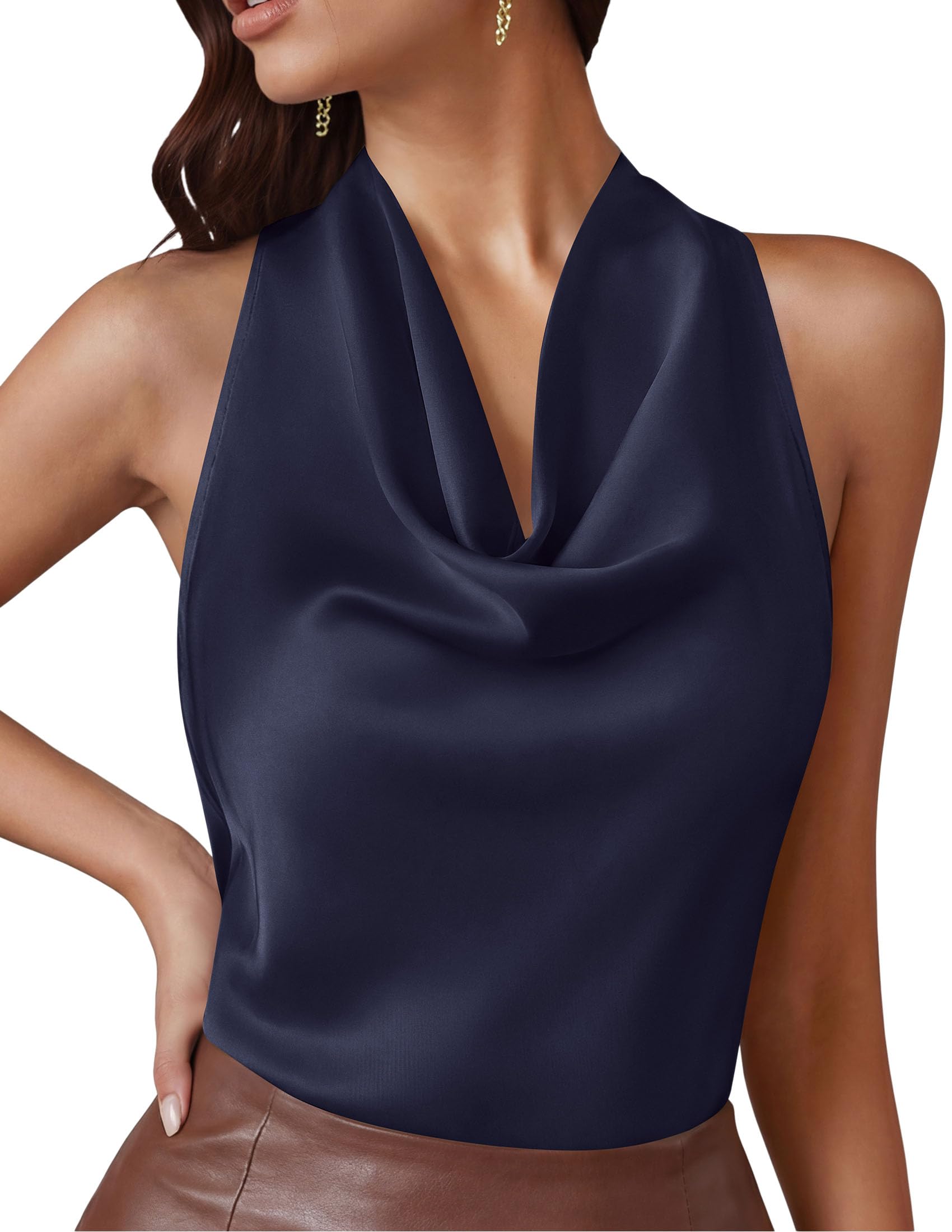 Satin Halter Tops for Women Dressy Casual Navy,XS
