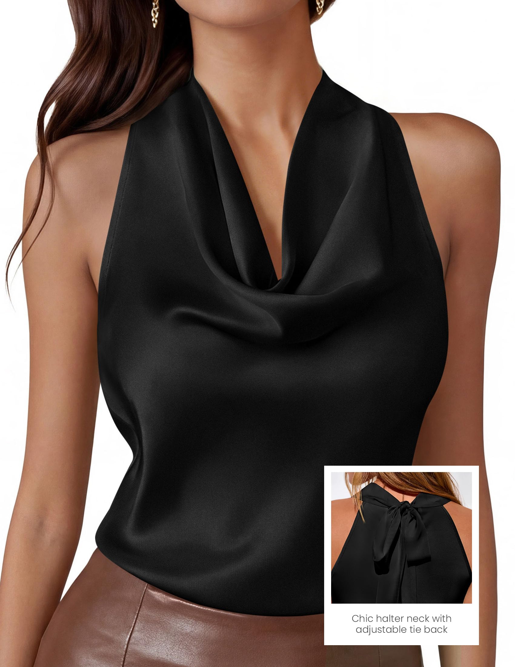 Satin Halter Tops for Women Dressy Casual Black,XS