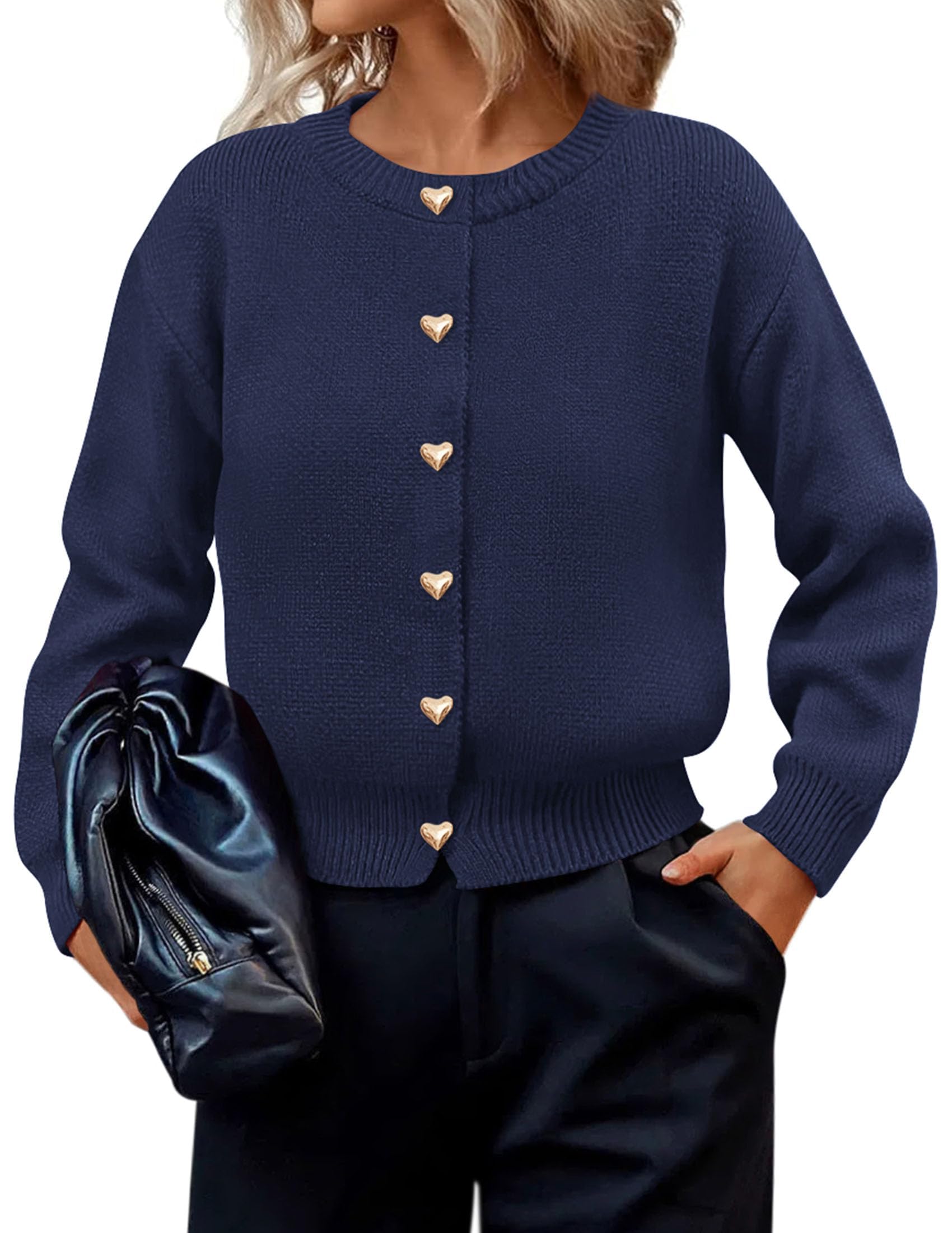 Women's Long Sleeve Button Up Cardigan,Navy,S