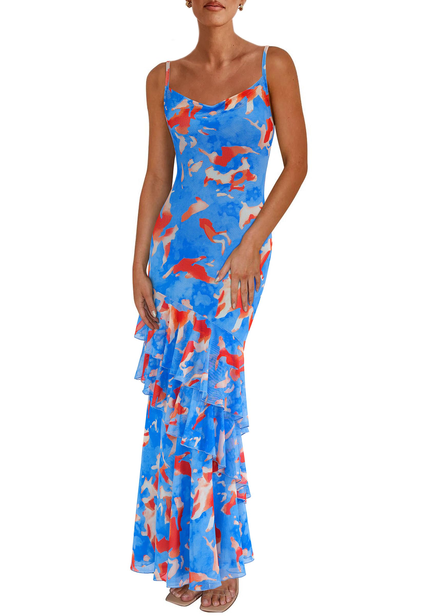 Women's Boho Floral Tiered Maxi Dress, Floral Light Blue,XS