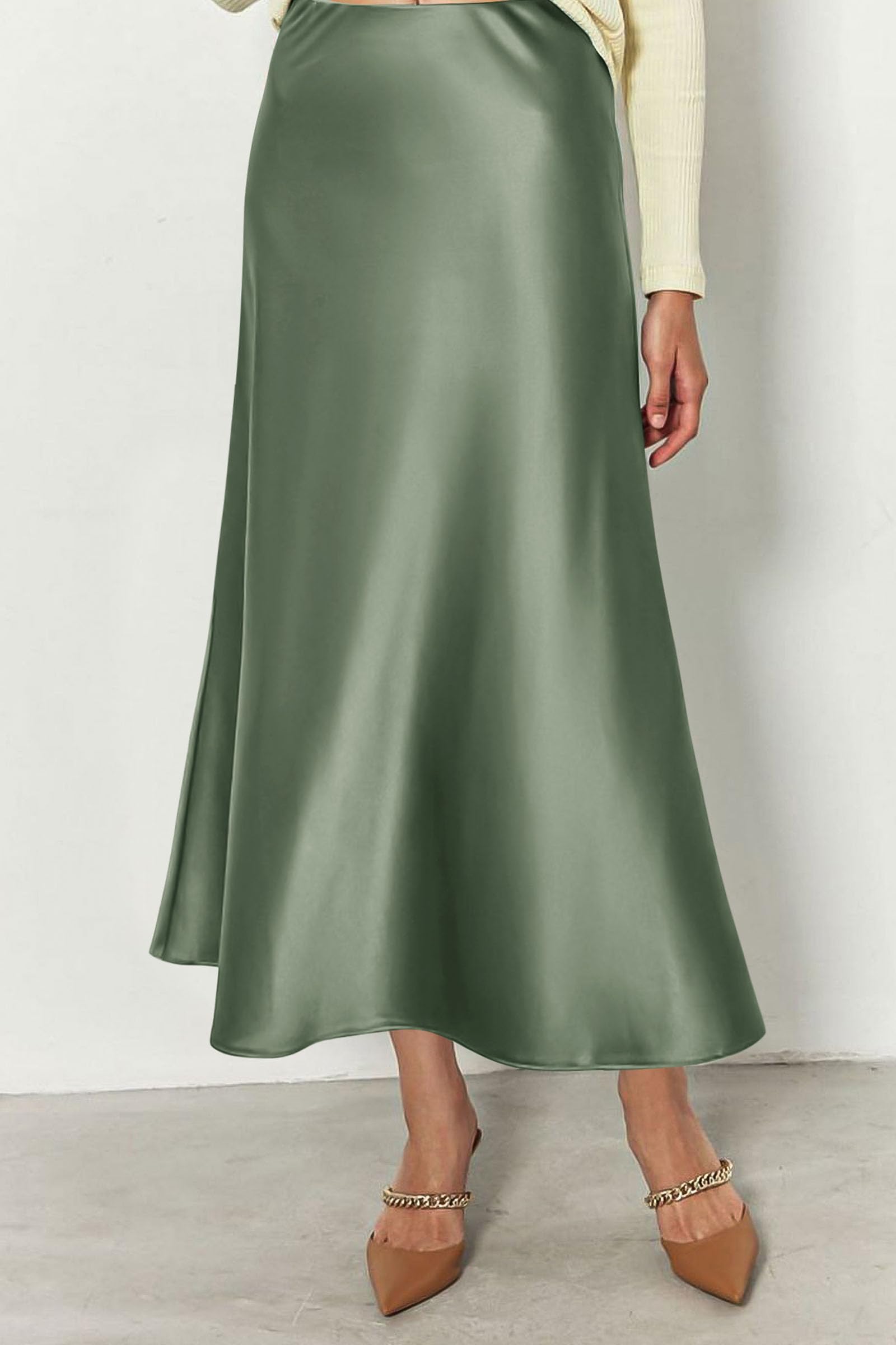 Women's Satin Midi Skirts Dressy Casual,Light Green,S