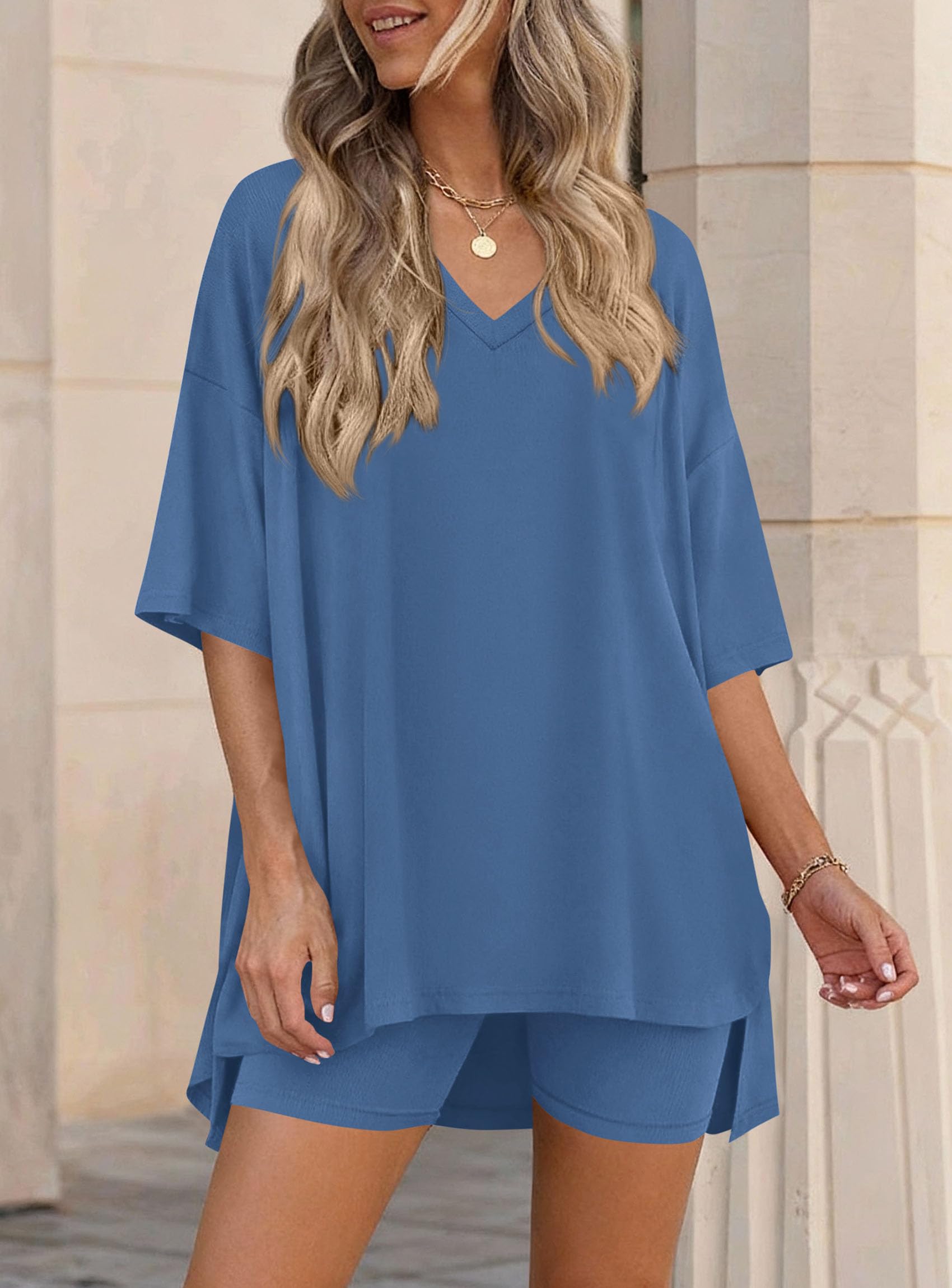 Womens 2 Piece Outfit Lounge Short Sets,Blue,S