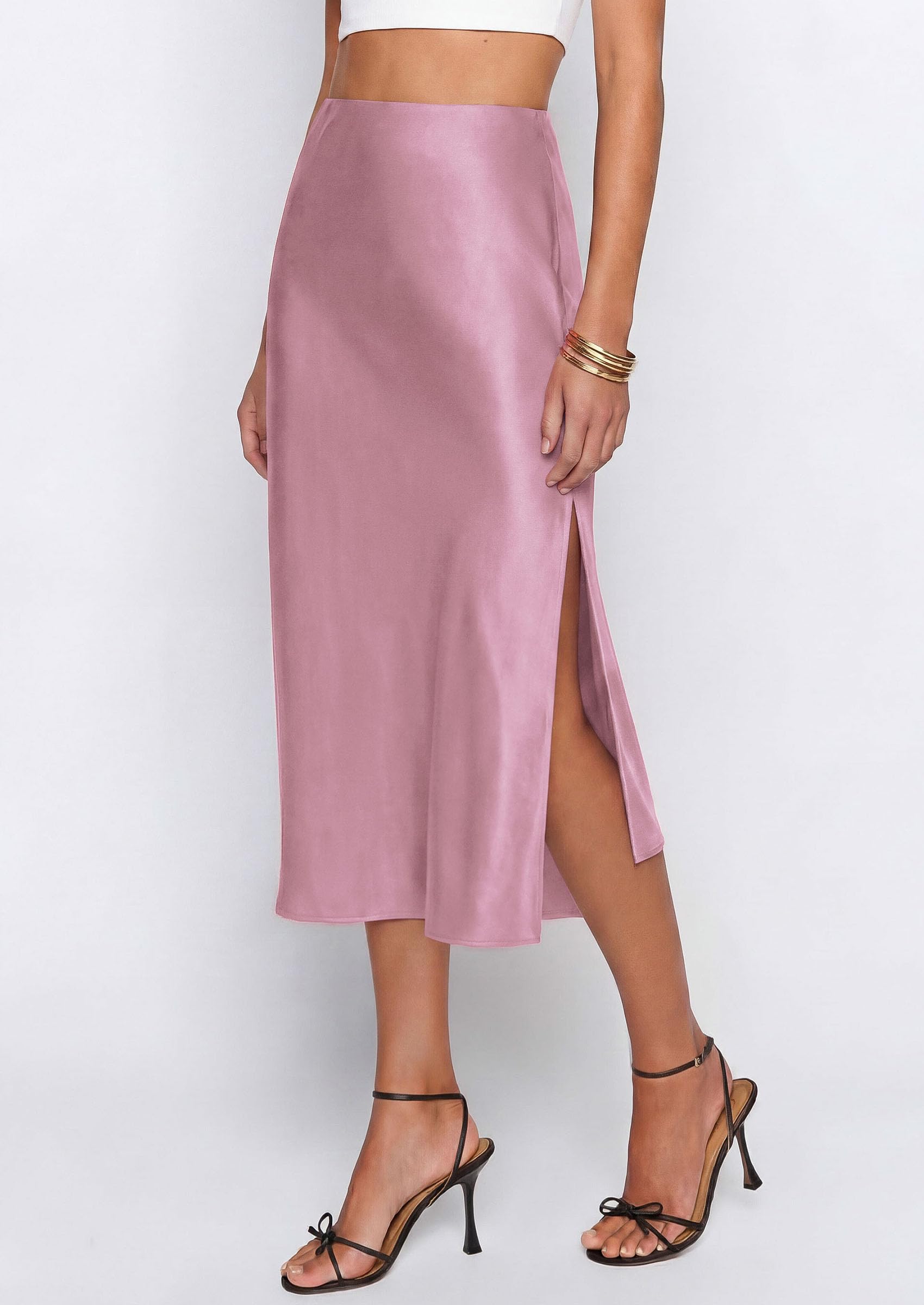 Womens Satin Skirt Silk Slip Midi Work Skirts, Pink, S