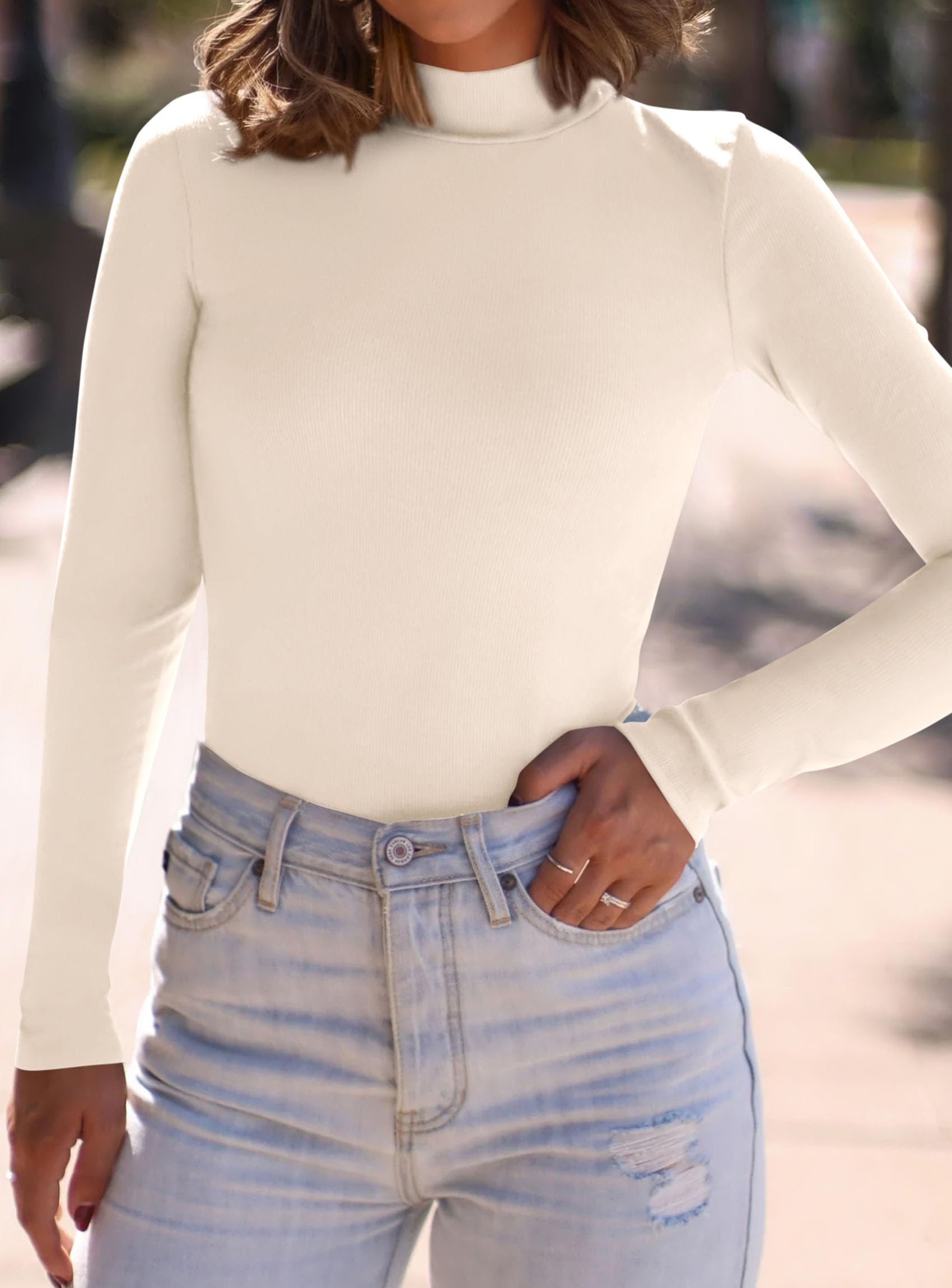 Womens Mock Turtleneck Fall Long Sleeve Shirts,Beige,S