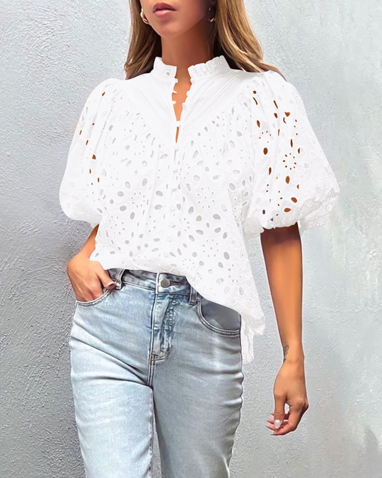 Womens Tops Boho Eyelet Puff Sleeve Blouse, White,S