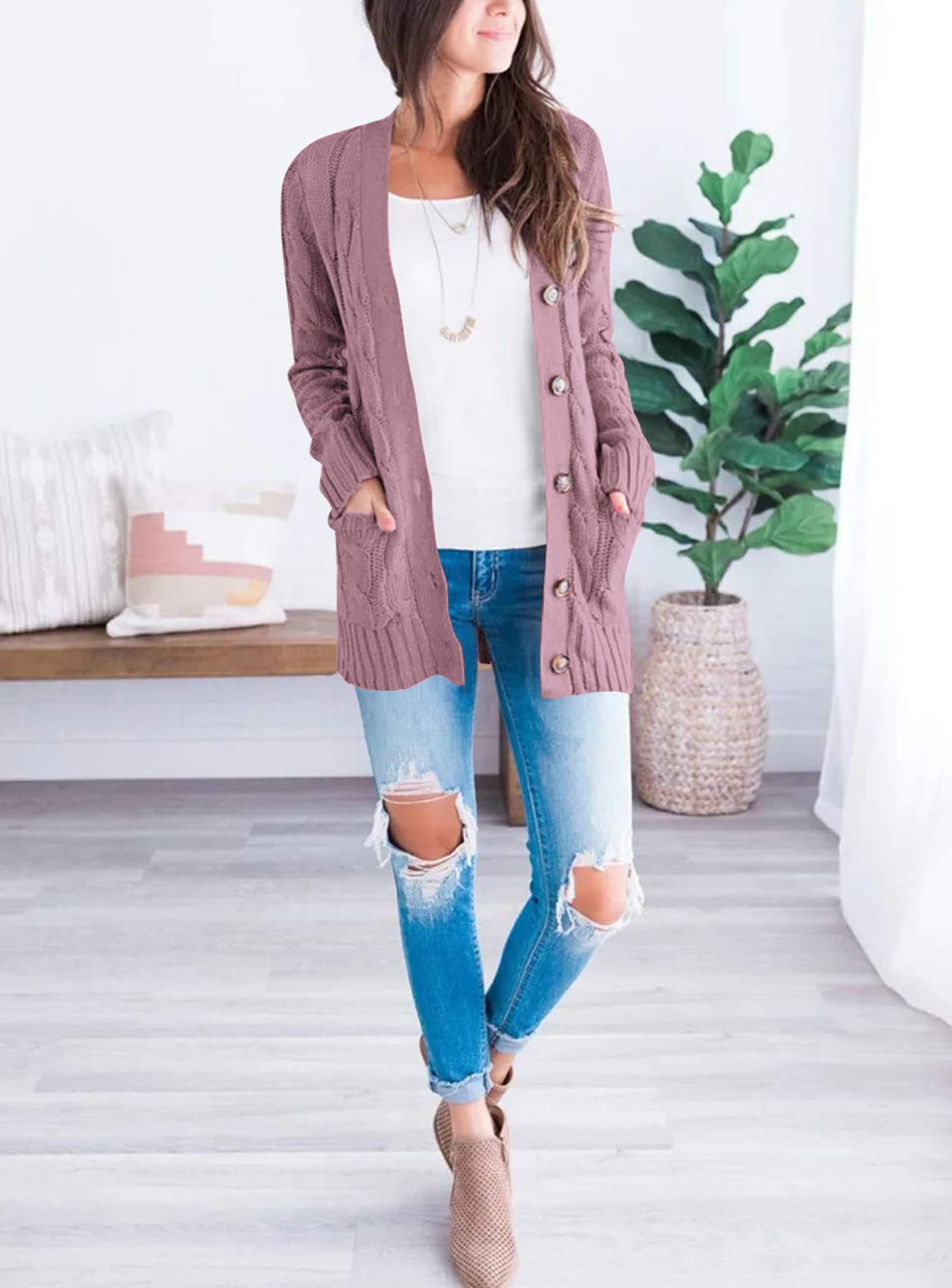 Women's Cable Knit Cardigan Sweaters Fall, Purple,S
