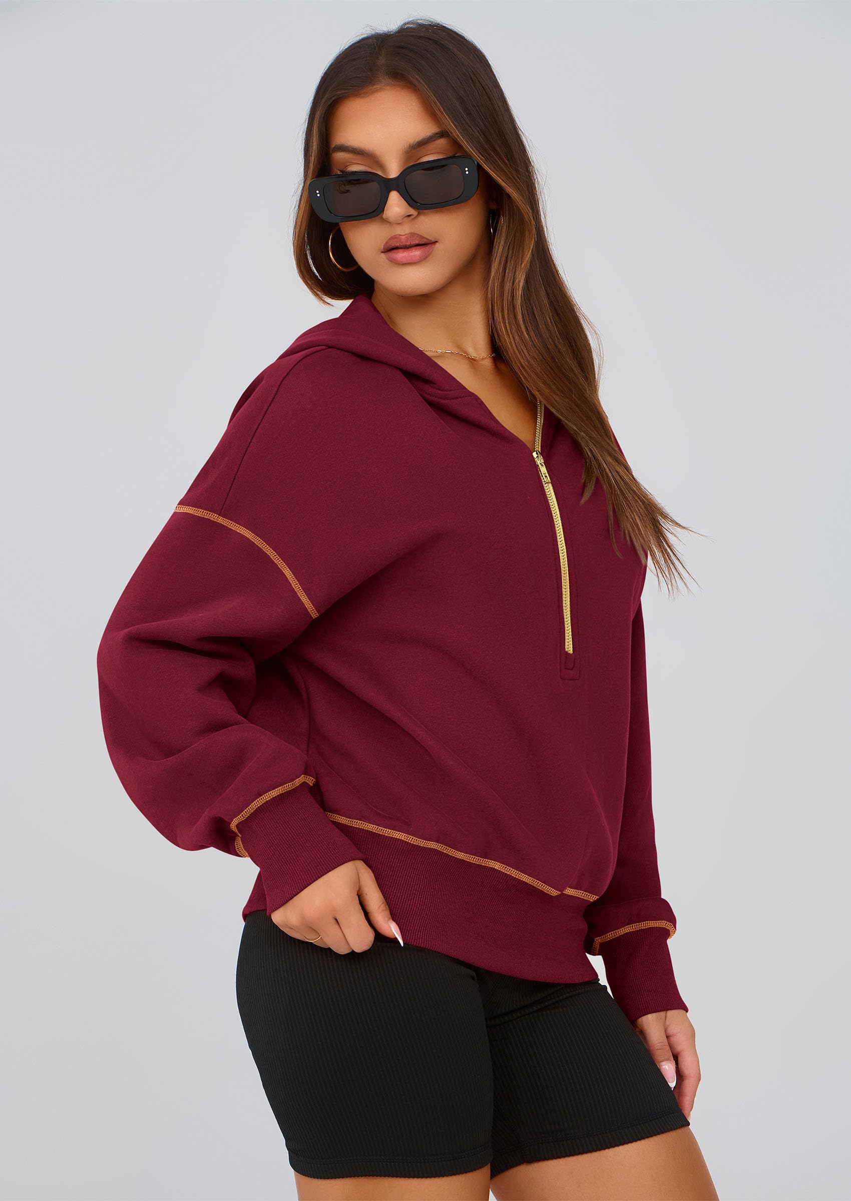 Women's Fall Half Zip Cropped Hoodie Sweatshirt Wine Red