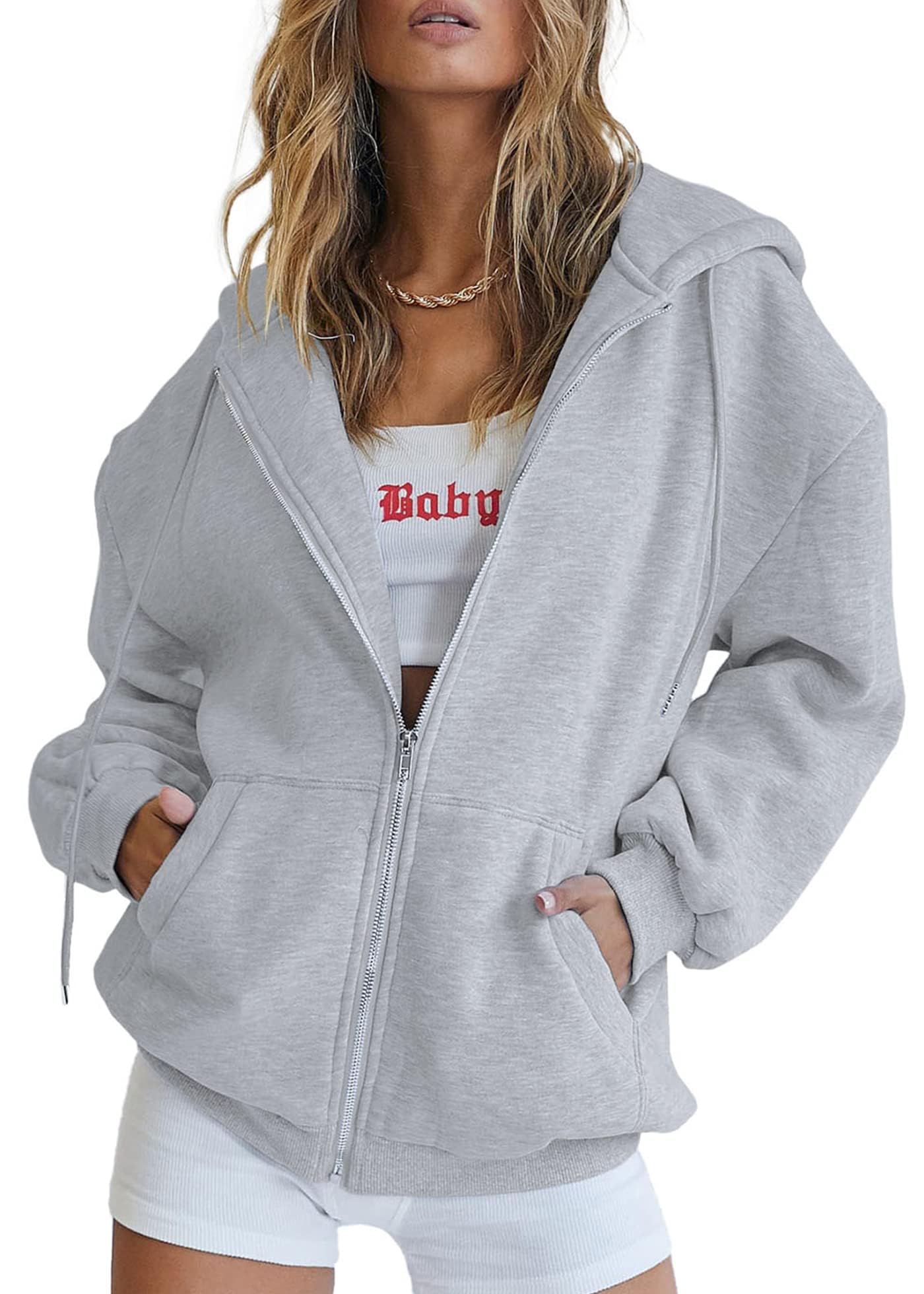 Women's Fall Zip Up Hoodies Sweatshirts Grey